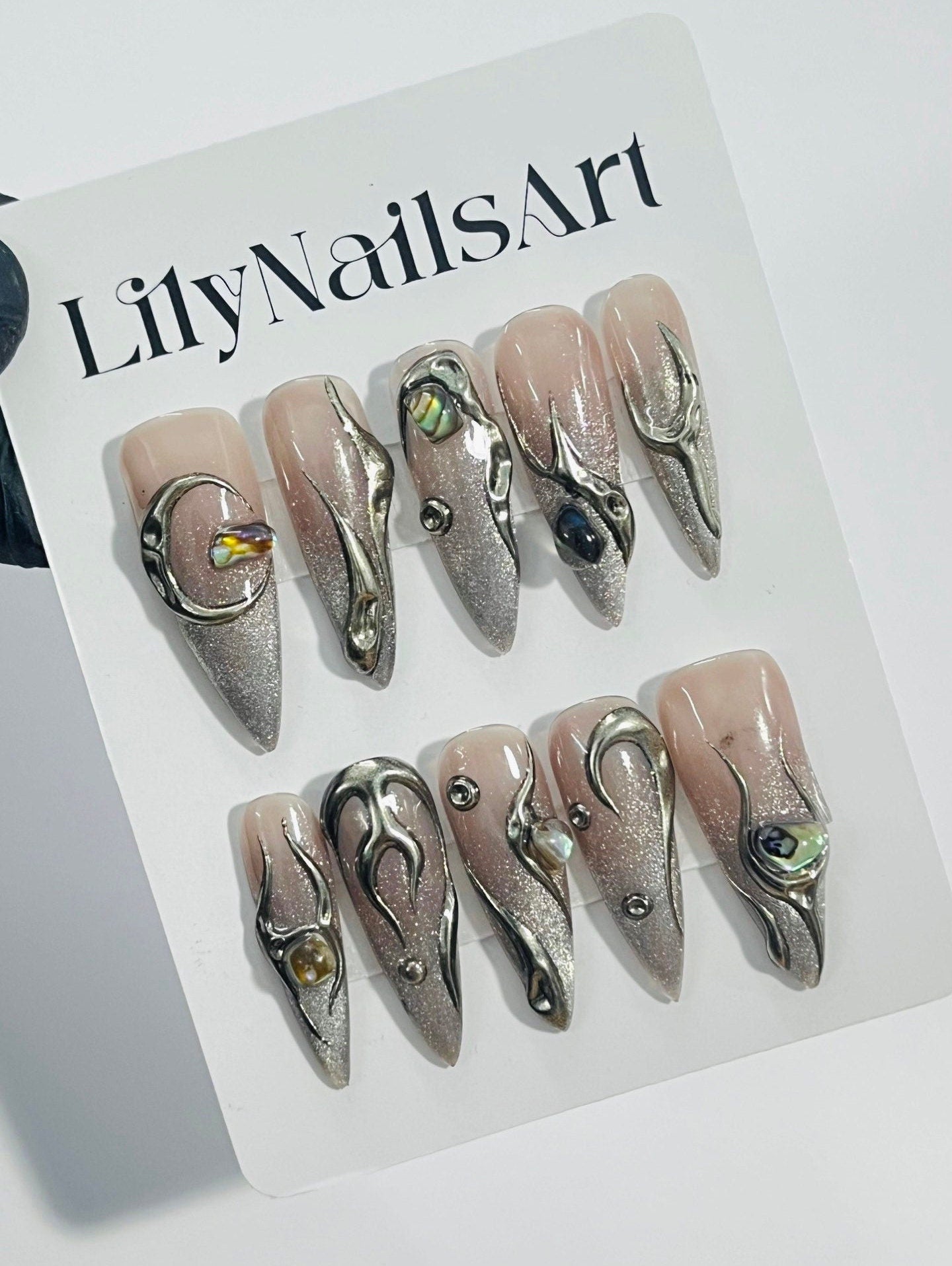 Hand-Painted Gothic Fake Nails | Free Style Metallic Silver on Nude Press-On Nails Goth | Y2K Emo Chrome Nails | Unique Handmade Nail Art