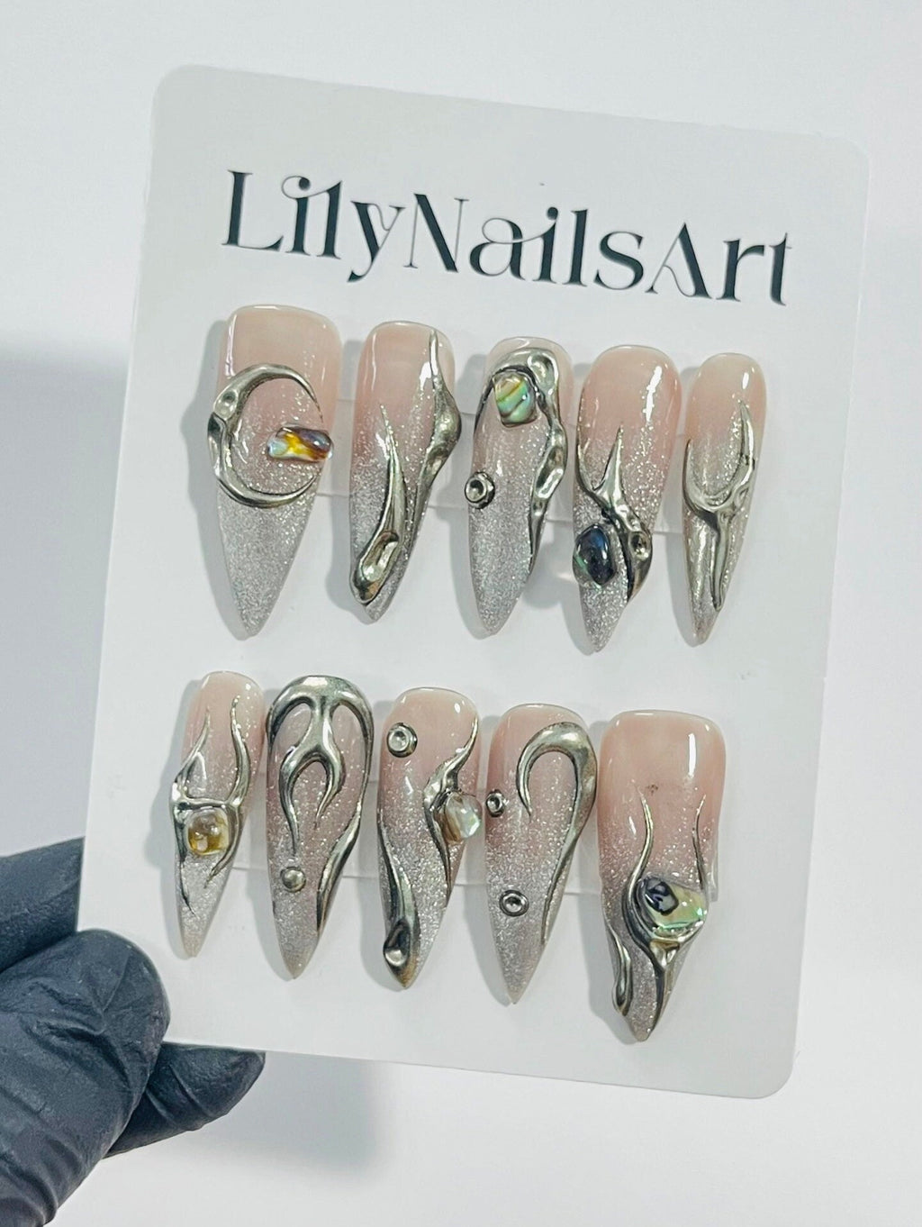 Hand-Painted Gothic Fake Nails | Free Style Metallic Silver on Nude Press-On Nails Goth | Y2K Emo Chrome Nails | Unique Handmade Nail Art