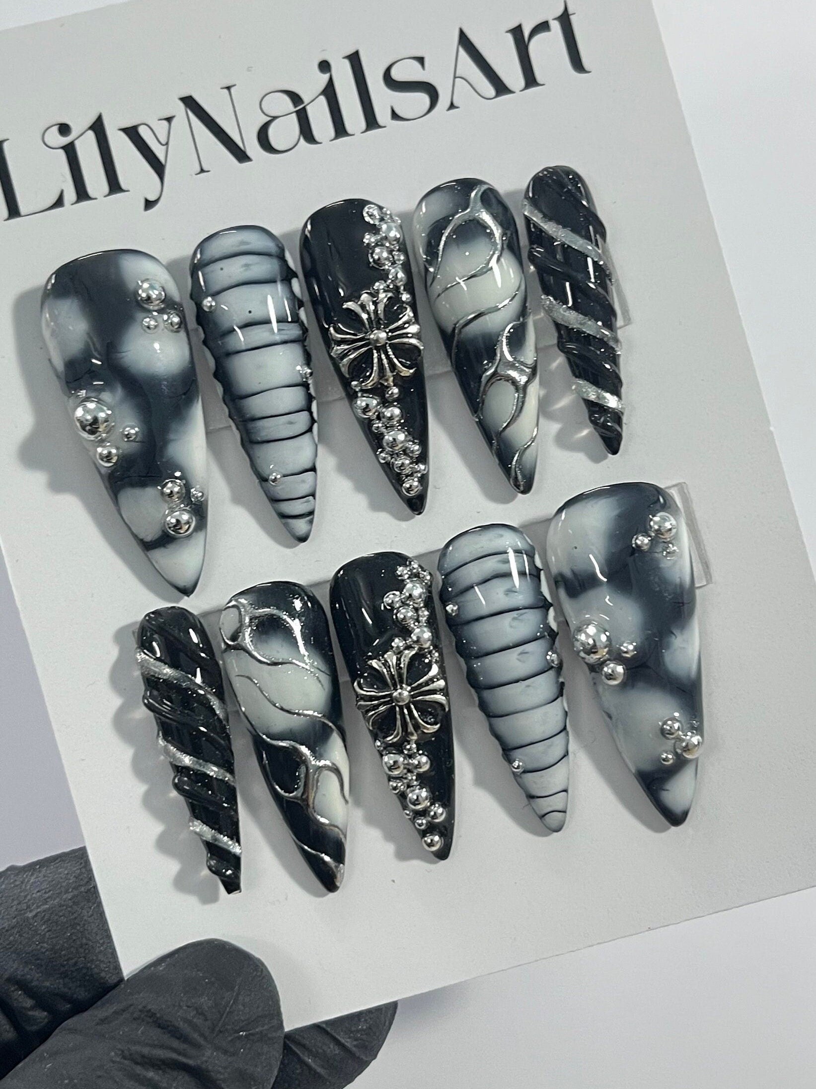 3D Drops Silver on Black Base Silver Cross Long Stiletto Press On Nails Goth , Gothic Fake Nails