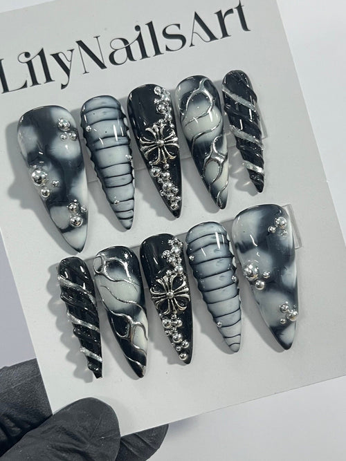 3D Drops Silver on Black Base Silver Cross Long Stiletto Press On Nails Goth , Gothic Fake Nails