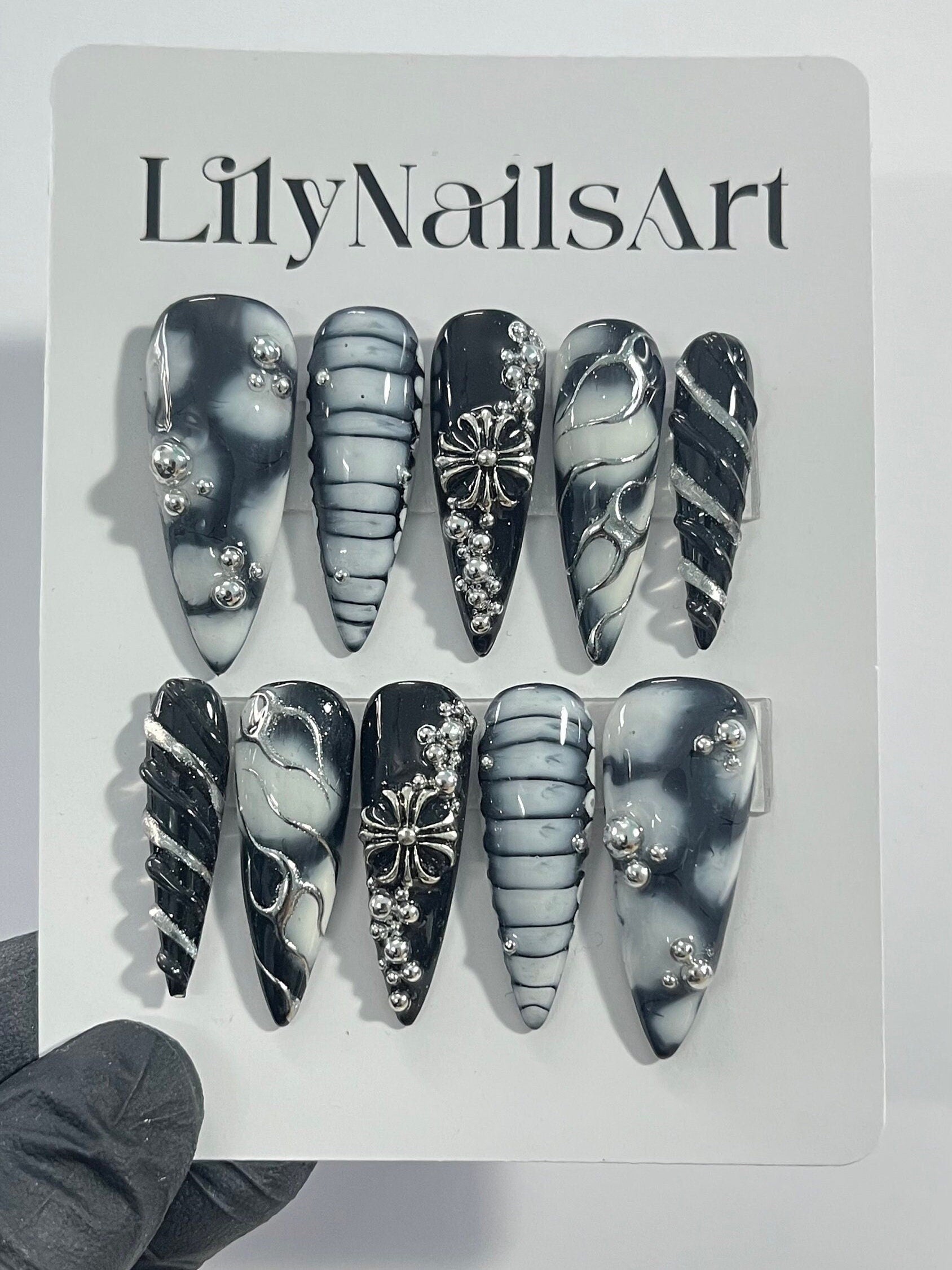 3D Drops Silver on Black Base Silver Cross Long Stiletto Press On Nails Goth , Gothic Fake Nails
