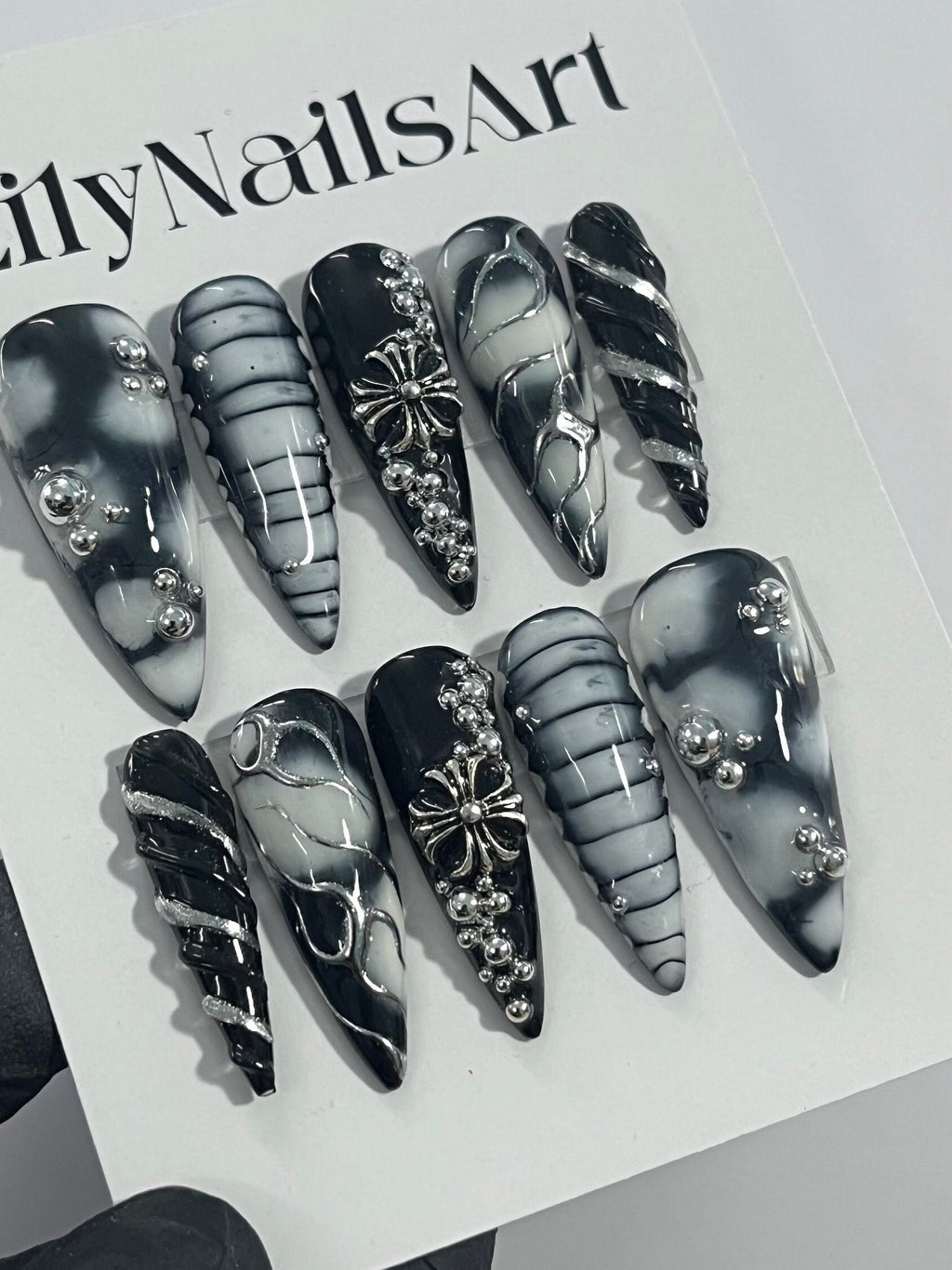 3D Drops Silver on Black Base Silver Cross Long Stiletto Press On Nails Goth , Gothic Fake Nails