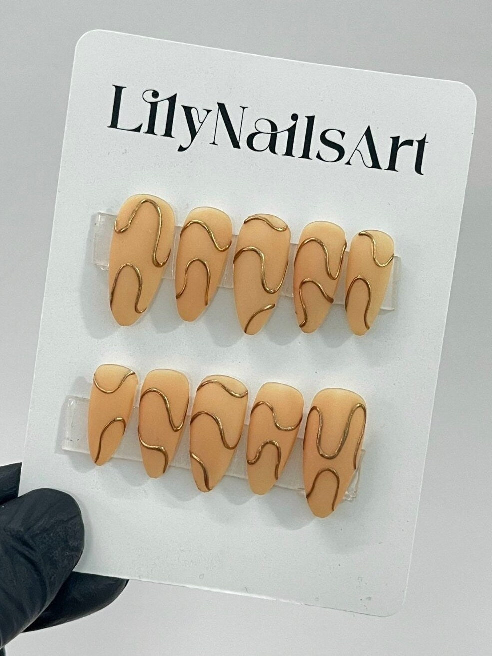 Luxury Gold Wave Medium Oval Nude Press On Nails, Custom Fake/False Nails, Handpainted Nail Tips, Handmade Nail Art