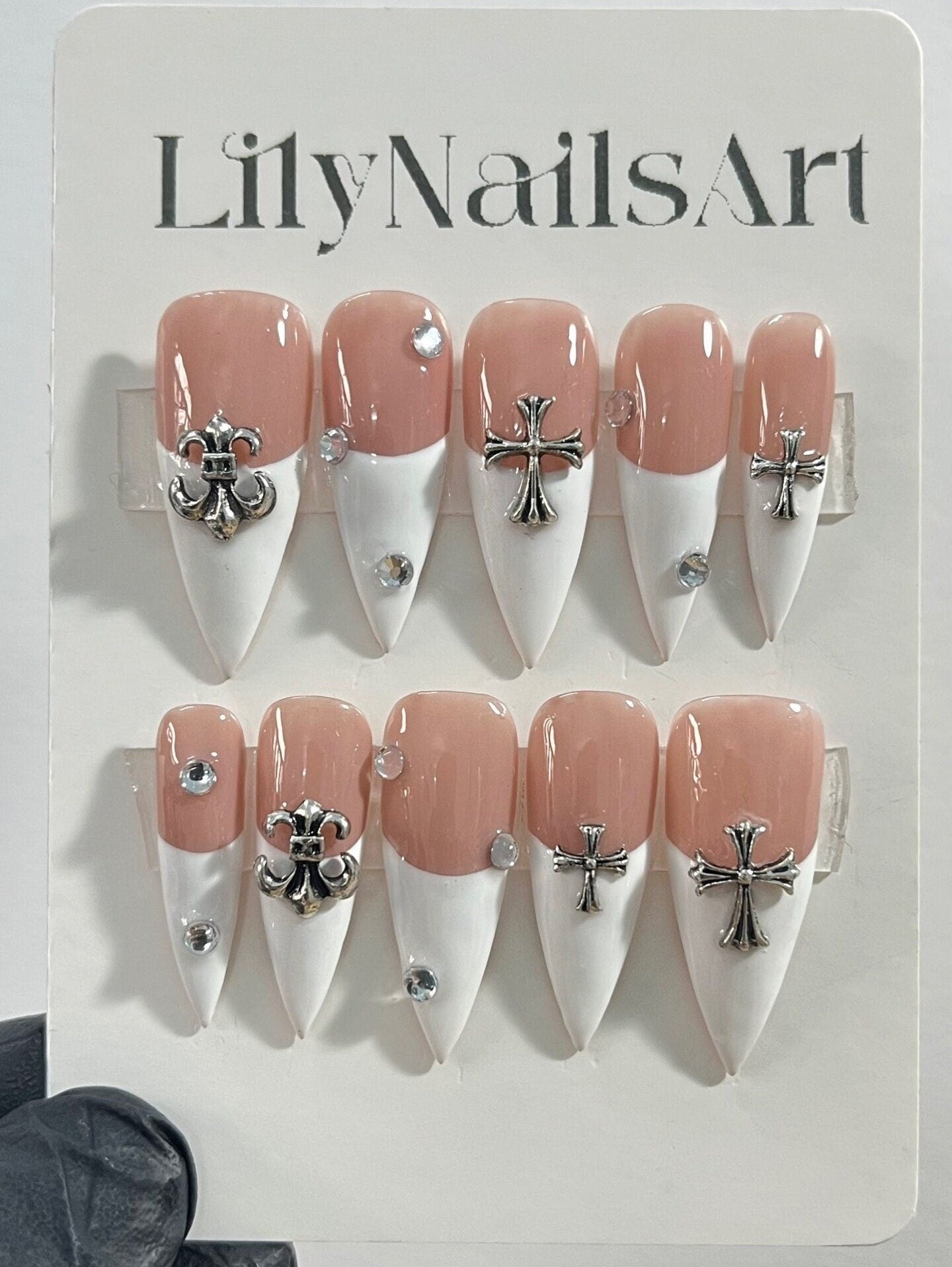 White French Tip with Silver Cross Short Coffin Press on Nail, Custom Acrylic Fake/False Nail, Glue on Nail, Gel Nail Art, Gift For Her/BFF