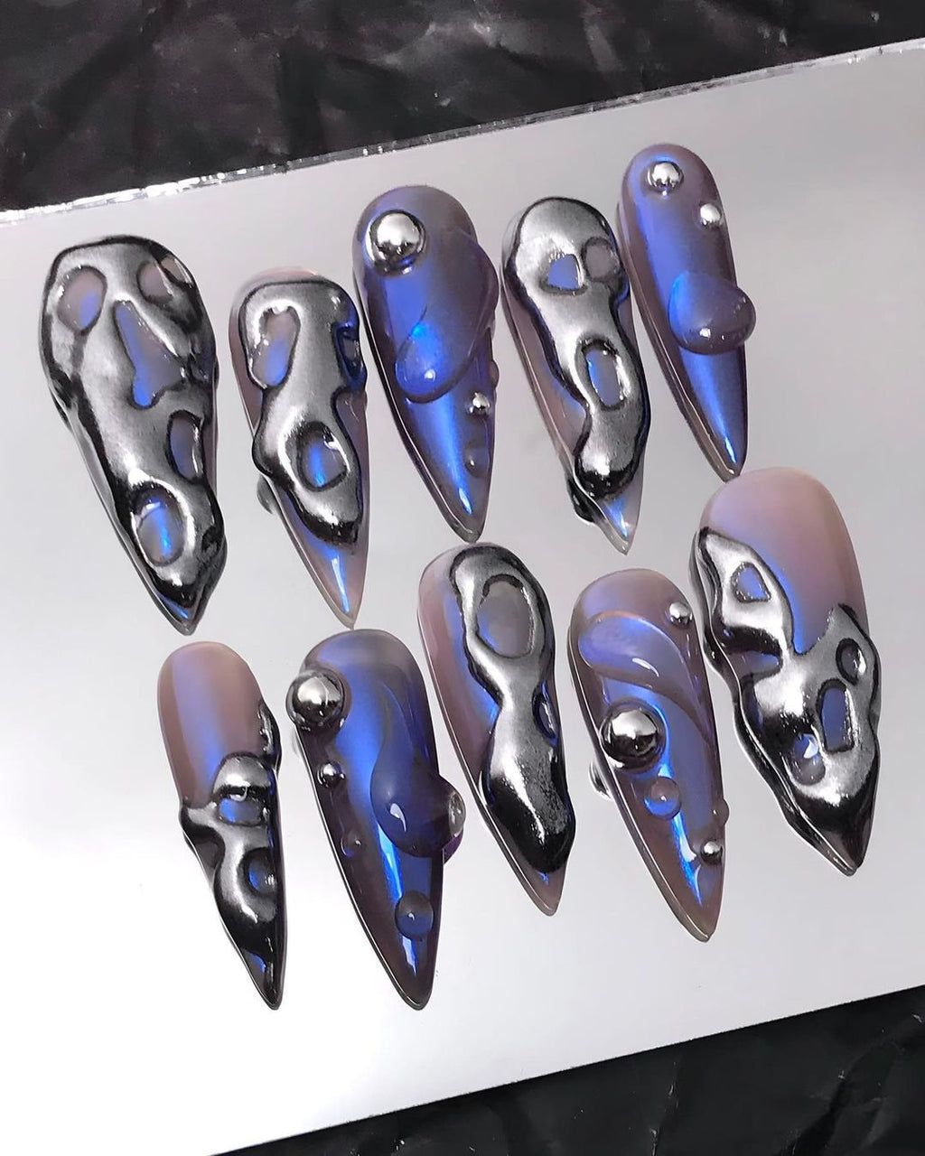 Custom Long Stiletto Metallic Silver Press On Nails - Free-Style Goth, Gothic, Emo Inspired Nails for Birthday, Holday, Party, Event
