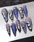 Custom Long Stiletto Metallic Silver Press On Nails - Free-Style Goth, Gothic, Emo Inspired Nails for Birthday, Holday, Party, Event
