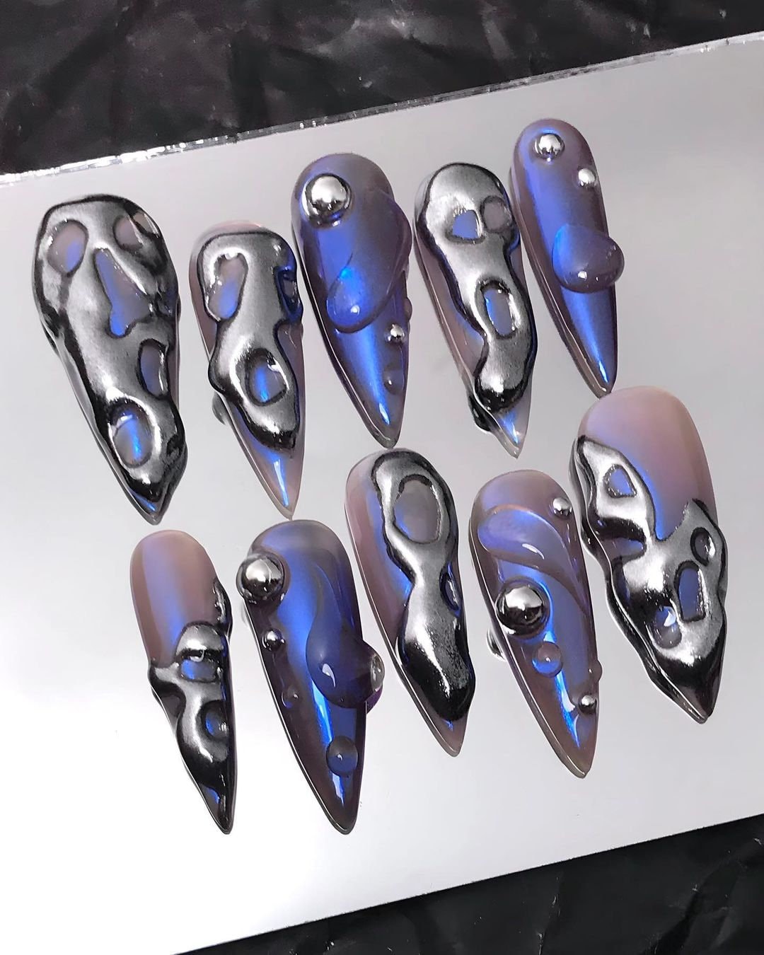 Custom Long Stiletto Metallic Silver Press On Nails - Free-Style Goth, Gothic, Emo Inspired Nails for Birthday, Holday, Party, Event