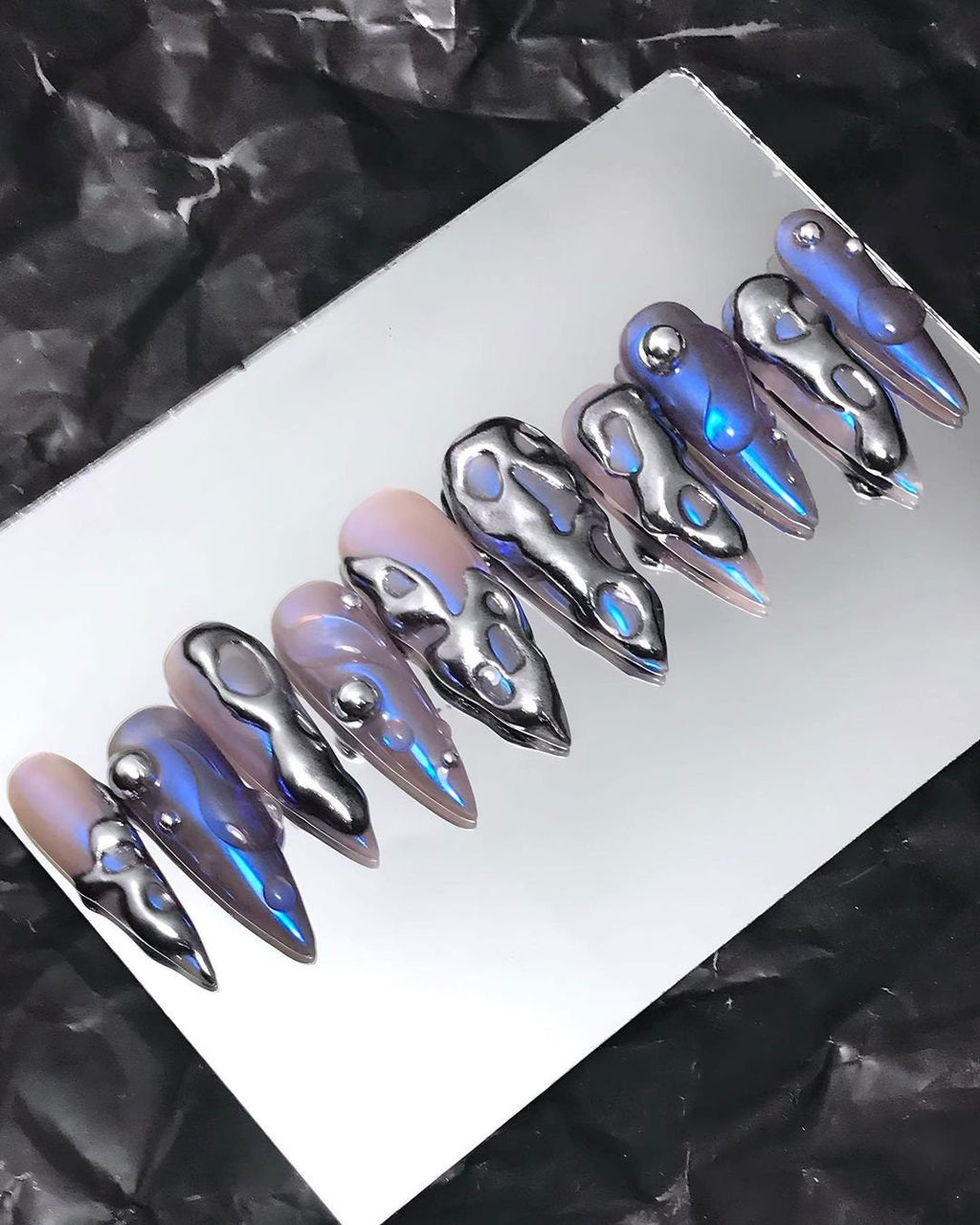 Custom Long Stiletto Metallic Silver Press On Nails - Free-Style Goth, Gothic, Emo Inspired Nails for Birthday, Holday, Party, Event