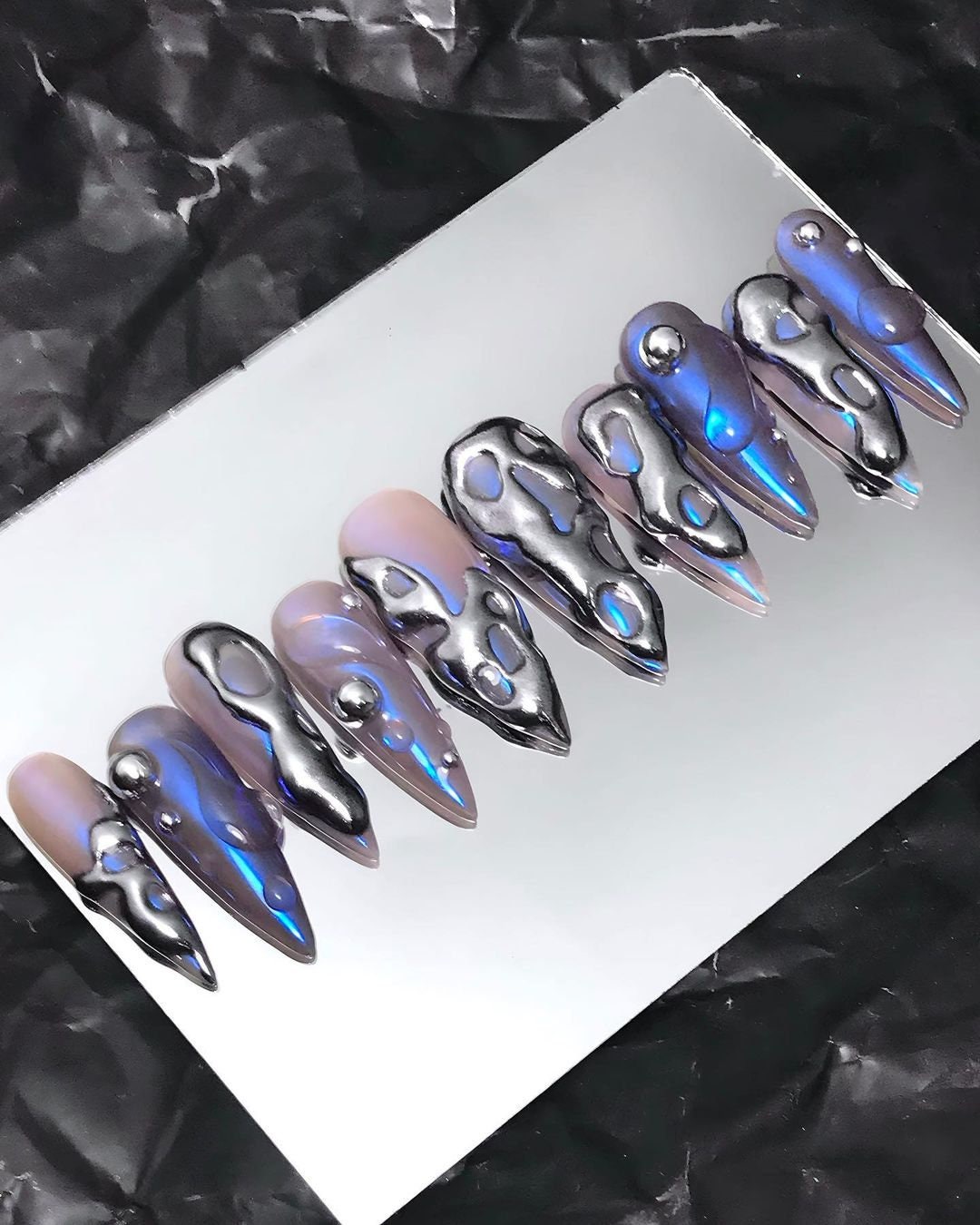 Custom Long Stiletto Metallic Silver Press On Nails - Free-Style Goth, Gothic, Emo Inspired Nails for Birthday, Holday, Party, Event