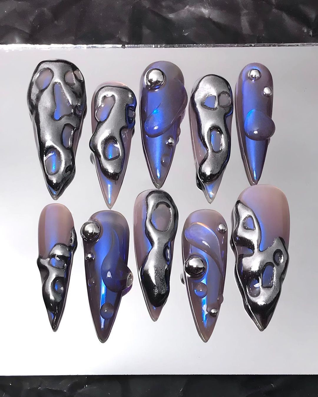 Custom Long Stiletto Metallic Silver Press On Nails - Free-Style Goth, Gothic, Emo Inspired Nails for Birthday, Holday, Party, Event