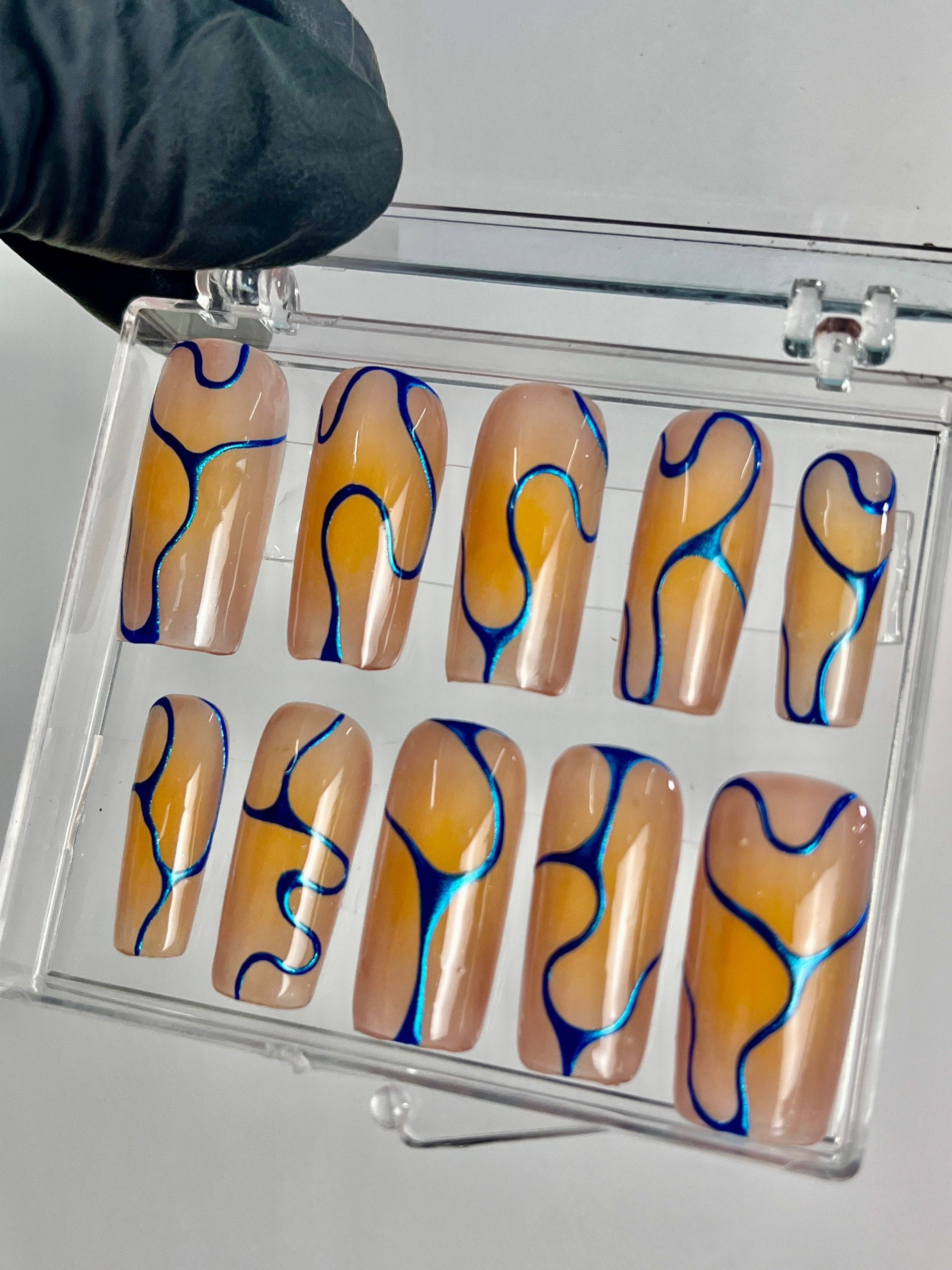 Blue Chrome on Orange Long Stiletto Press On Nails, Handmade Luxury Nails, Elegance Metallic Nails for Event Birthday Photograph