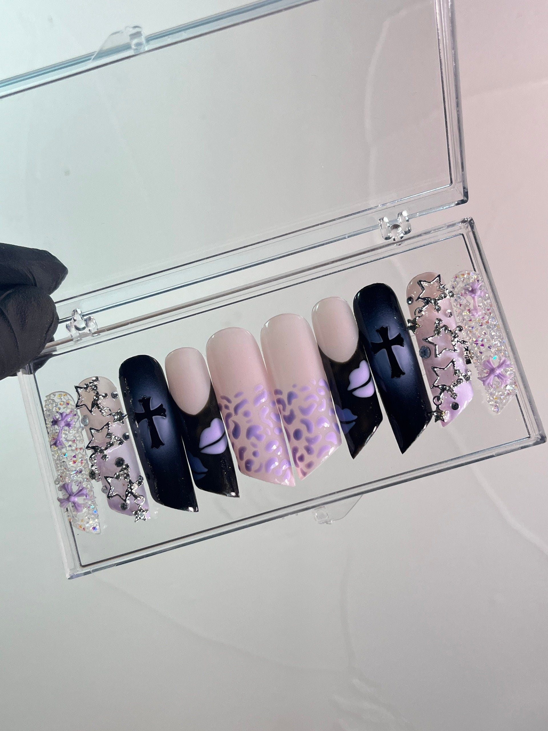 Purple & Dark Blue Luxury Press On Nails, Handpainted Bling Fake Nail, Unique Design Nail for Birthday Party Photograph