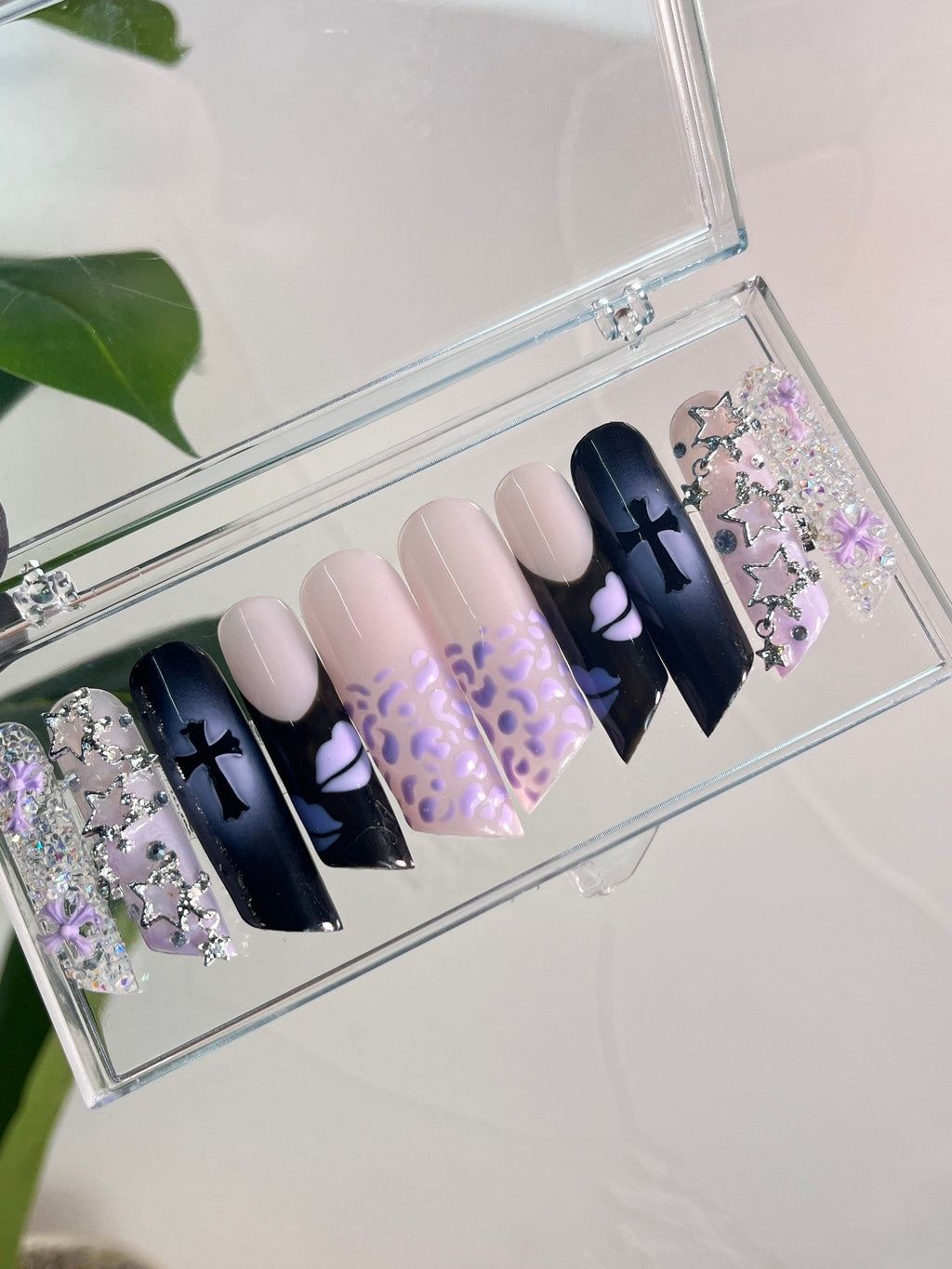 Purple & Dark Blue Luxury Press On Nails, Handpainted Bling Fake Nail, Unique Design Nail for Birthday Party Photograph