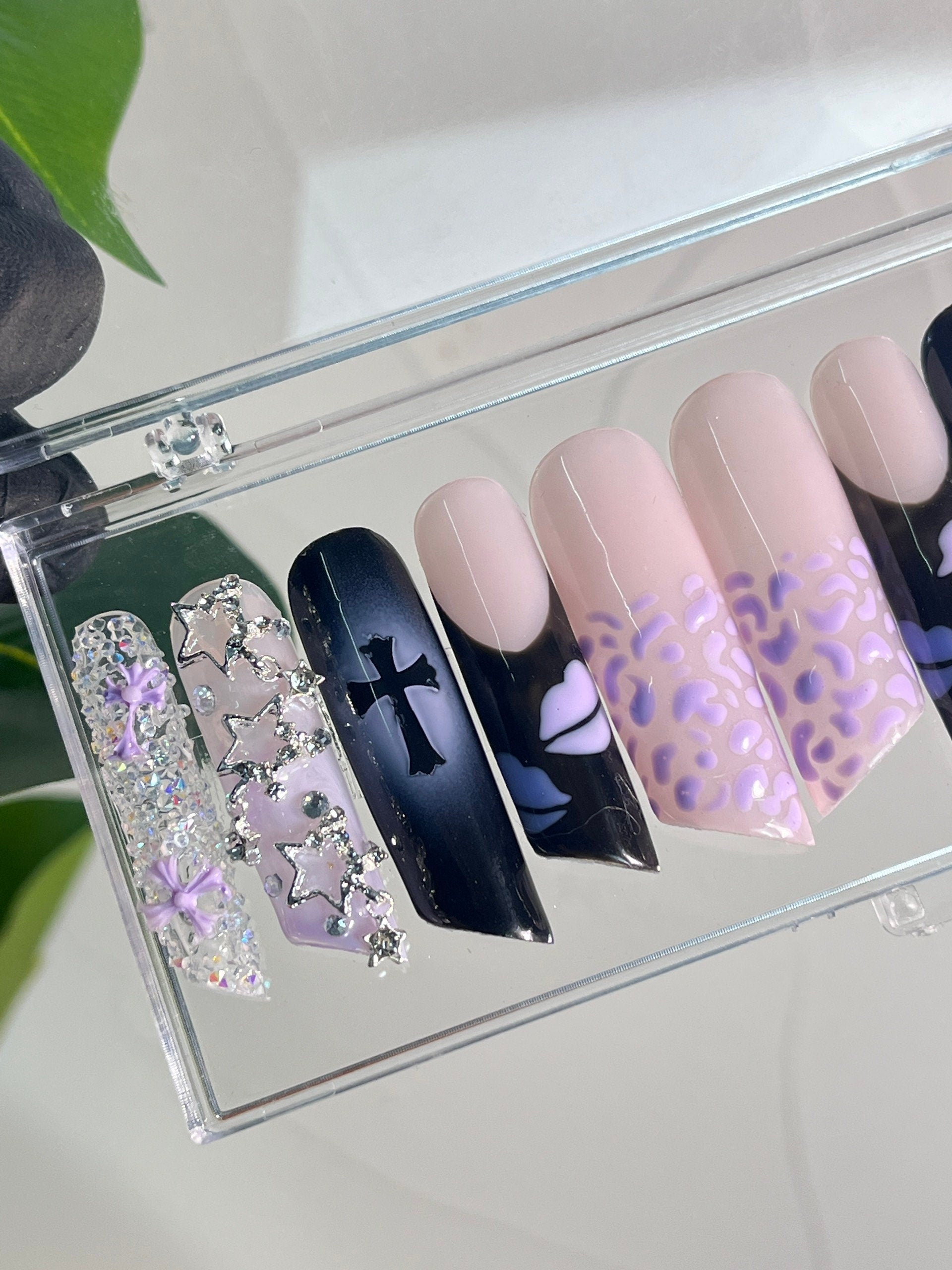 Purple & Dark Blue Luxury Press On Nails, Handpainted Bling Fake Nail, Unique Design Nail for Birthday Party Photograph