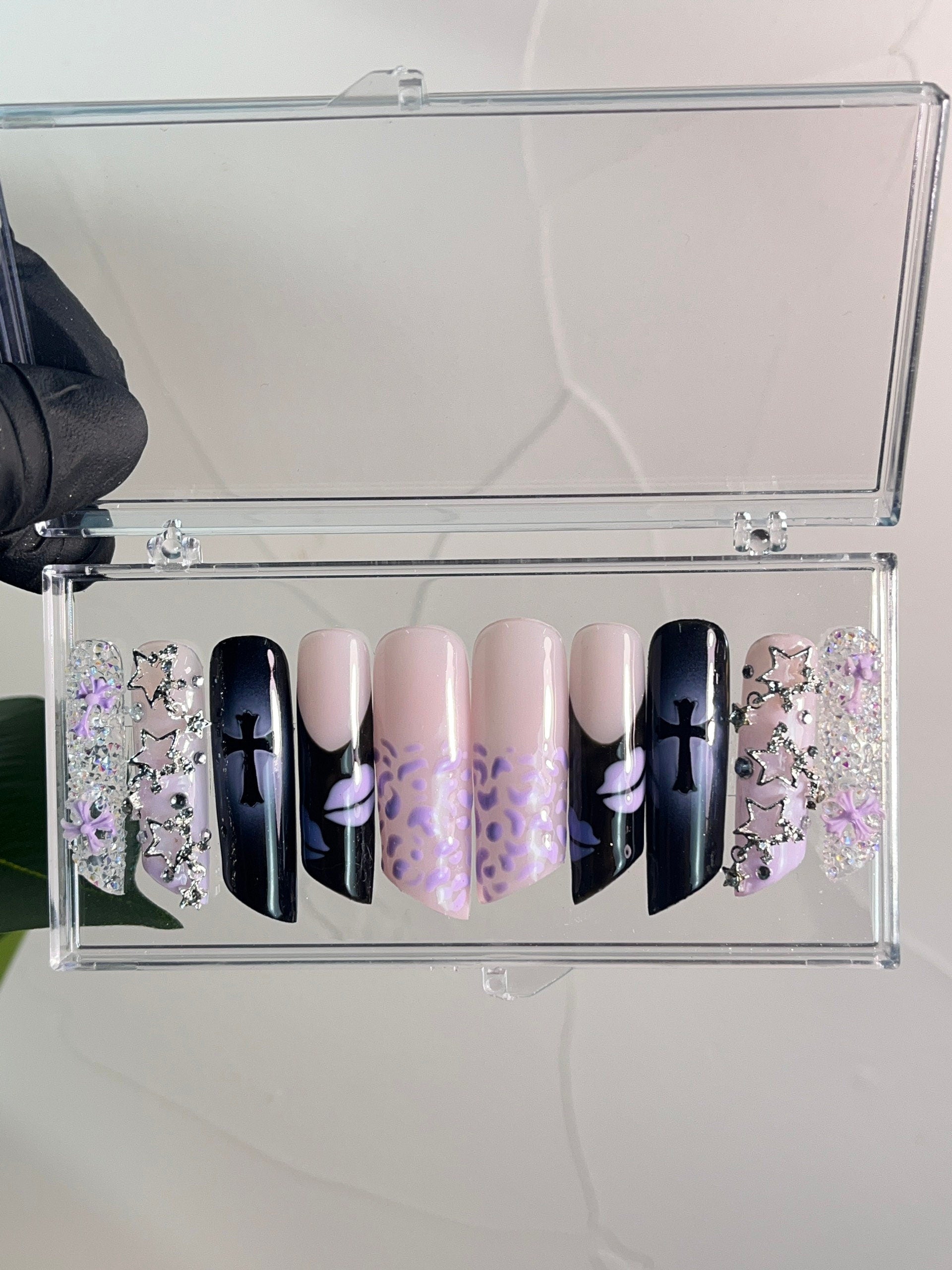 Purple & Dark Blue Luxury Press On Nails, Handpainted Bling Fake Nail, Unique Design Nail for Birthday Party Photograph