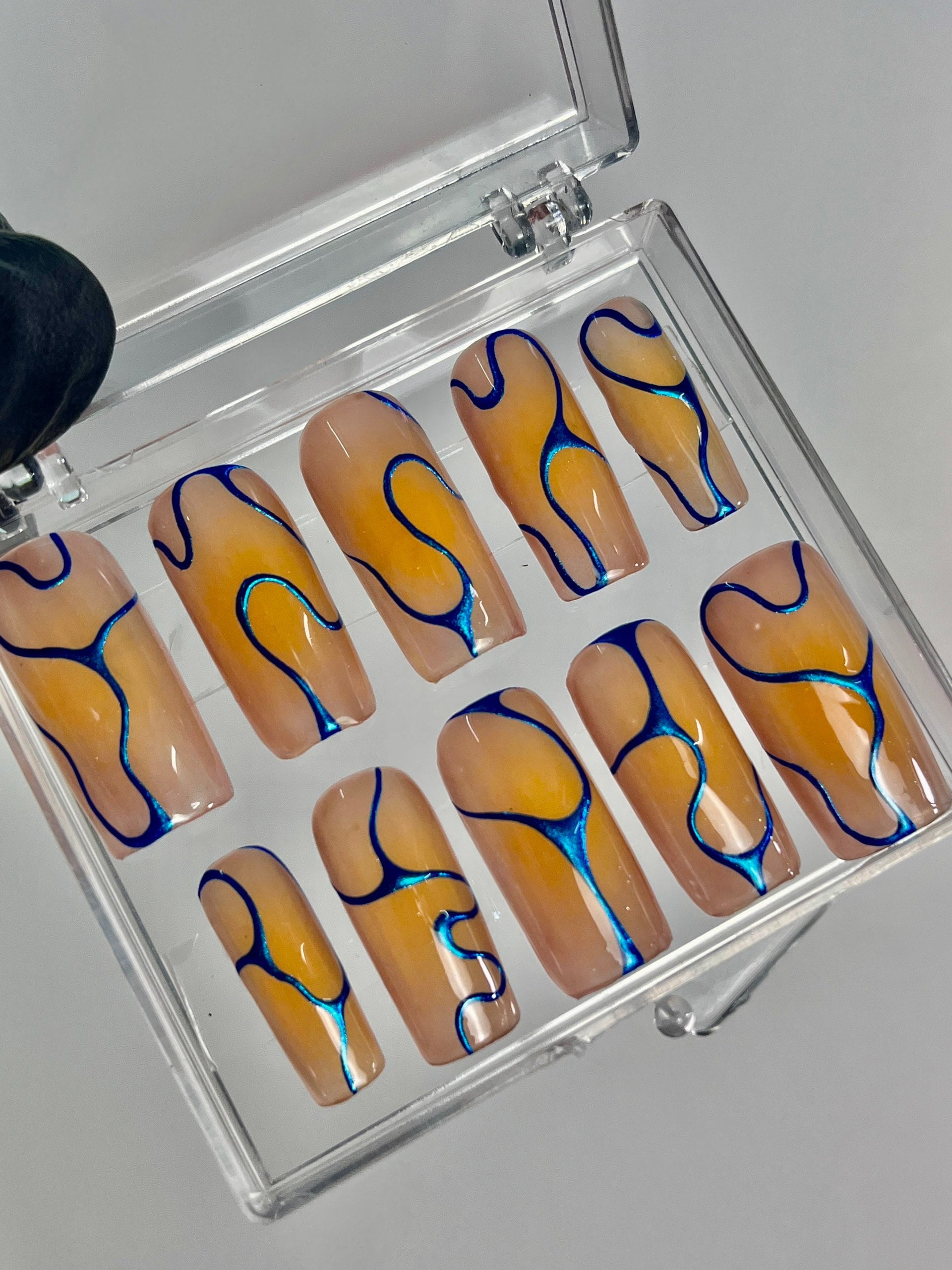 Blue Chrome on Orange Long Stiletto Press On Nails, Handmade Luxury Nails, Elegance Metallic Nails for Event Birthday Photograph