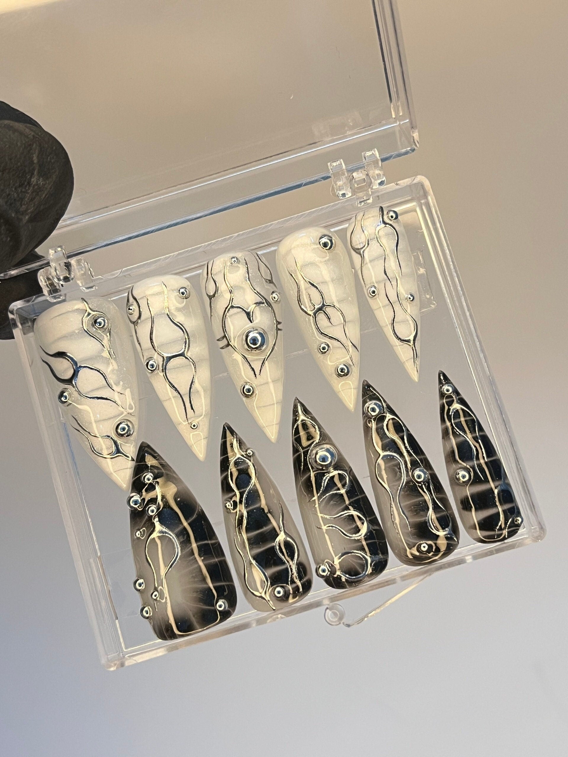 Black and White 3D Silver Metalic Art Long Stiletto Press On Goth Nails, Custom Handmade Gothic Fake Nails, Y2K Nails