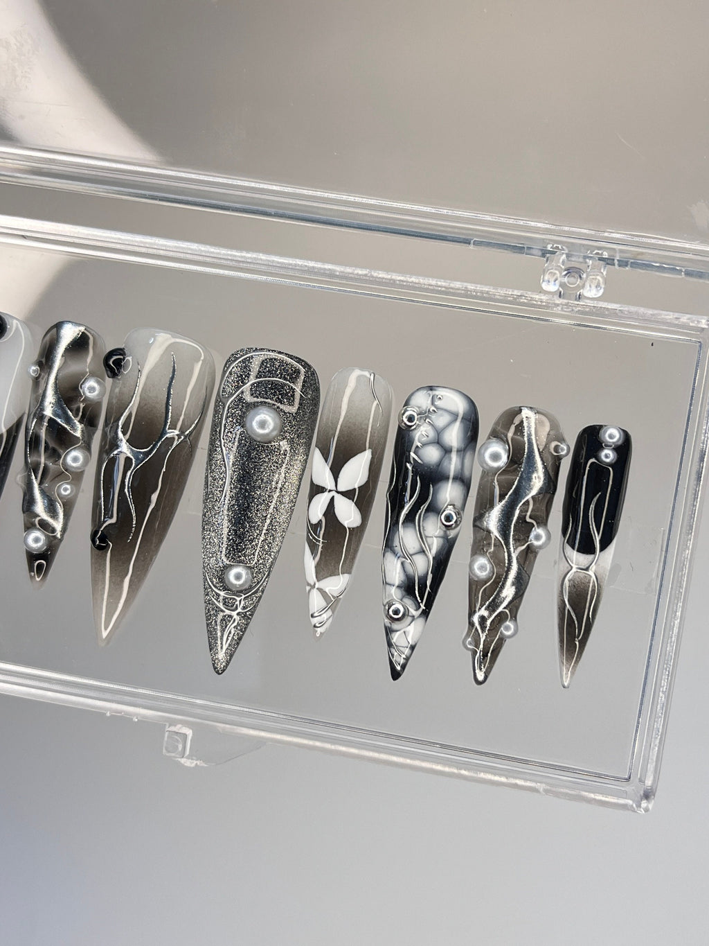 Free Style Black & White Blooming Extra Long Stiletto Press On Nails, Handpainted Gothic Fake Nails, Y2K Emo Chrome Nails