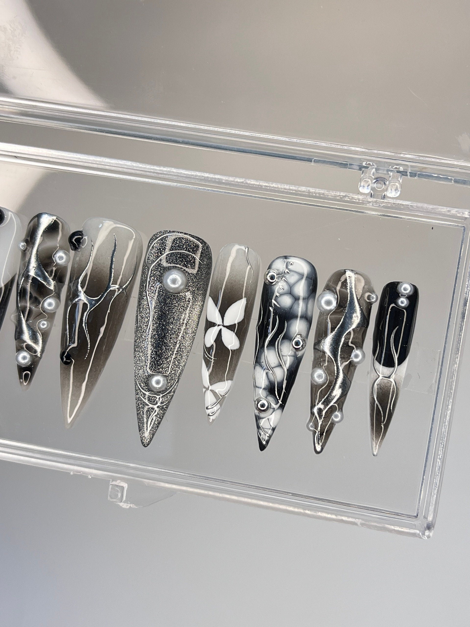 Free Style Black & White Blooming Extra Long Stiletto Press On Nails, Handpainted Gothic Fake Nails, Y2K Emo Chrome Nails