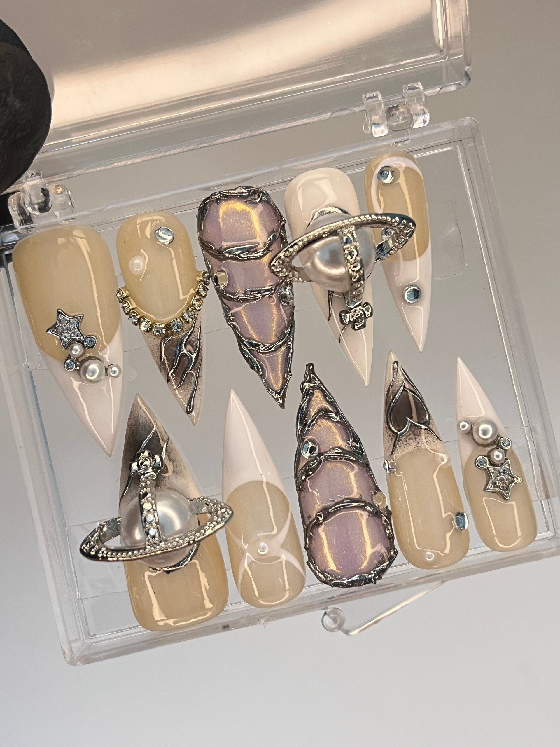 Free Style Chrome Metallic Silver Chrome Press On Nails Goth, Handpainted Gothic Short Stiletto Nails, Y2K Emo Fake Nails