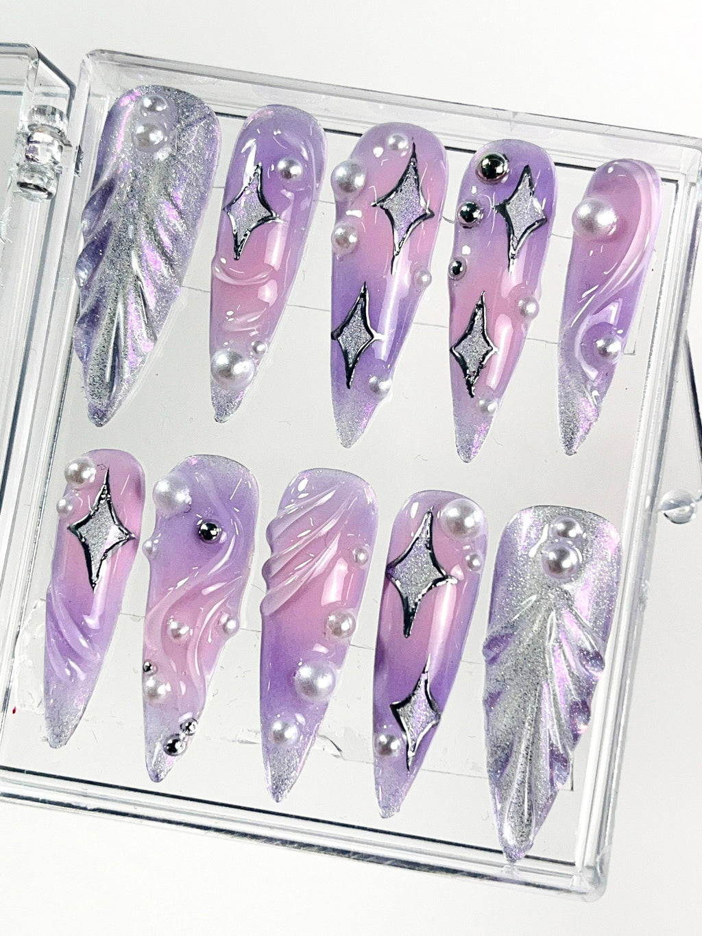 Free Style Purple Mermaid 3D Gel Long Stiletto Press On Nail, Custom Fake Nail, Y2K Fake/False Nail, Event Birthday Prom Holiday Nail