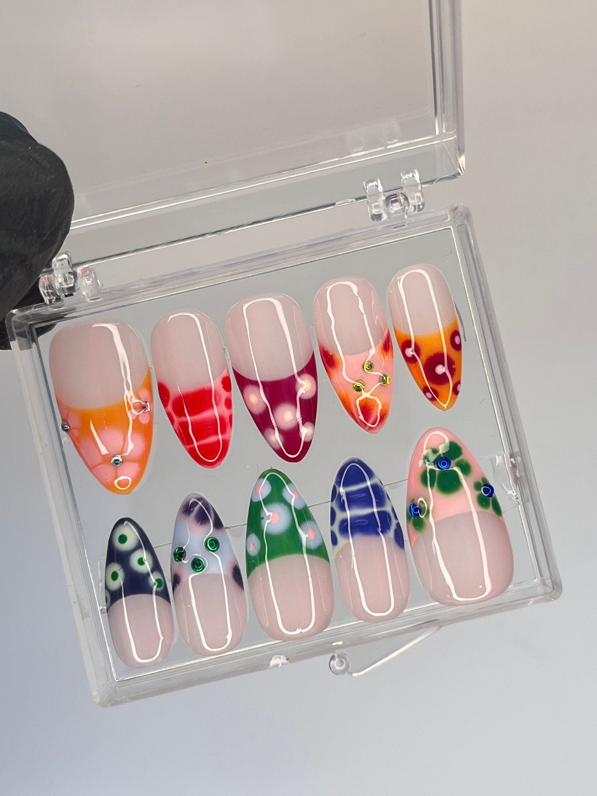 Free Style Colouful French Tip Coffin Press On Nails, Custom Unique Design Fake Nails, Proom Birthday Party Nails