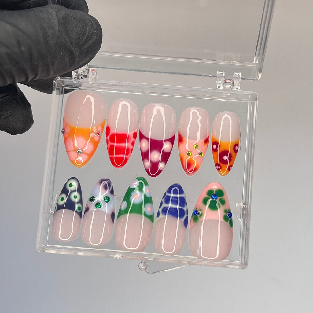 Free Style Colouful French Tip Coffin Press On Nails, Custom Unique Design Fake Nails, Proom Birthday Party Nails