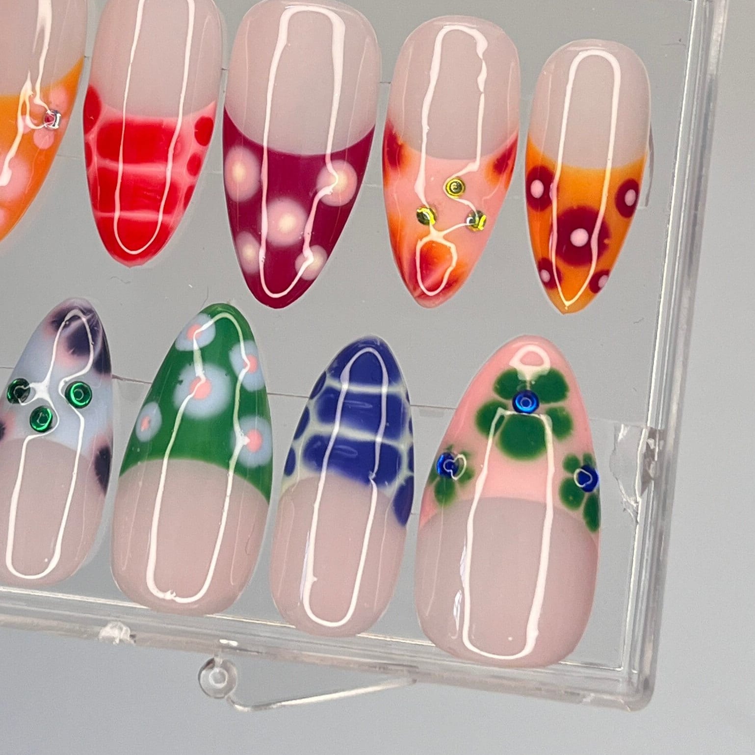 Free Style Colouful French Tip Coffin Press On Nails, Custom Unique Design Fake Nails, Proom Birthday Party Nails