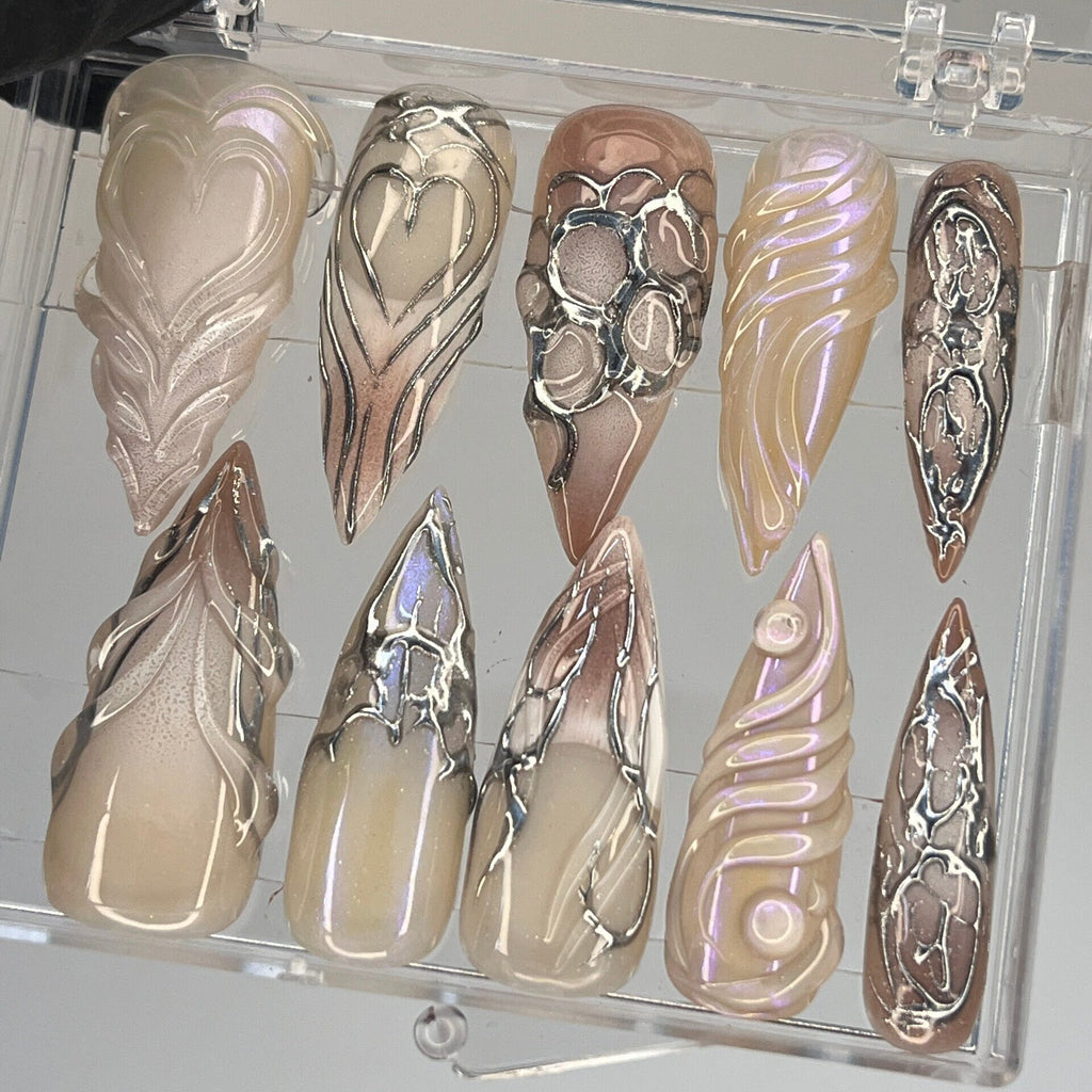 Handpainted Chrome Metallic Gothic Extra Long Stiletto Press On Nails - Y2K Emo and Goth Style Custom False Nails