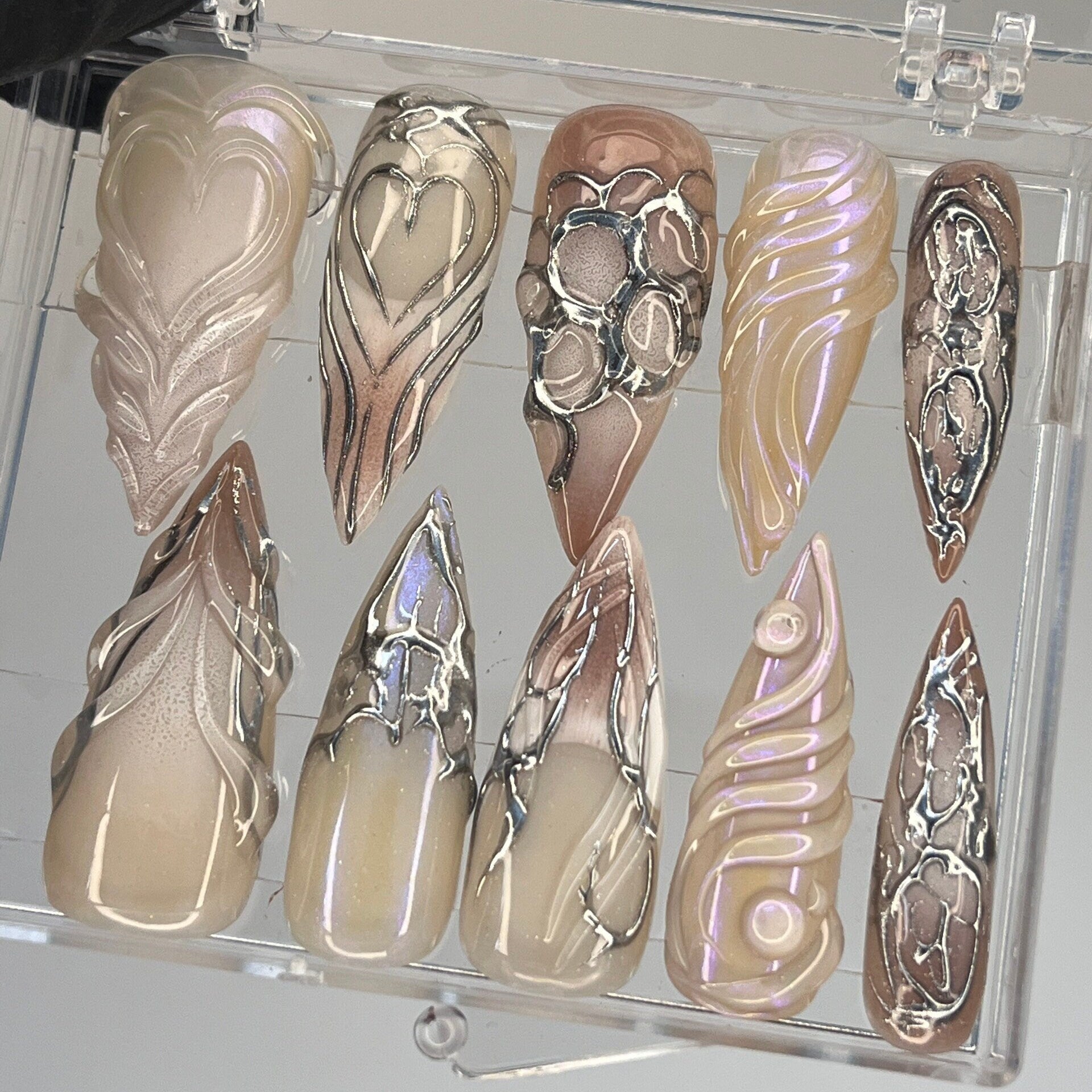Handpainted Chrome Metallic Gothic Extra Long Stiletto Press On Nails - Y2K Emo and Goth Style Custom False Nails