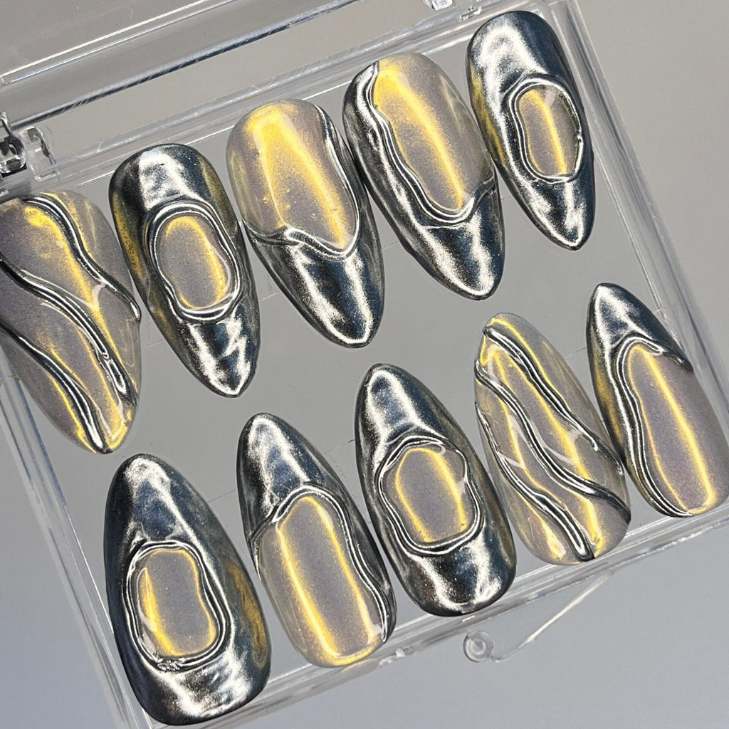 3D Chrome Metallic Blue Silver on Clear Medium Almond Press on Nail Goth , Custom Luxury Handpained Gothic Fake/False Nail