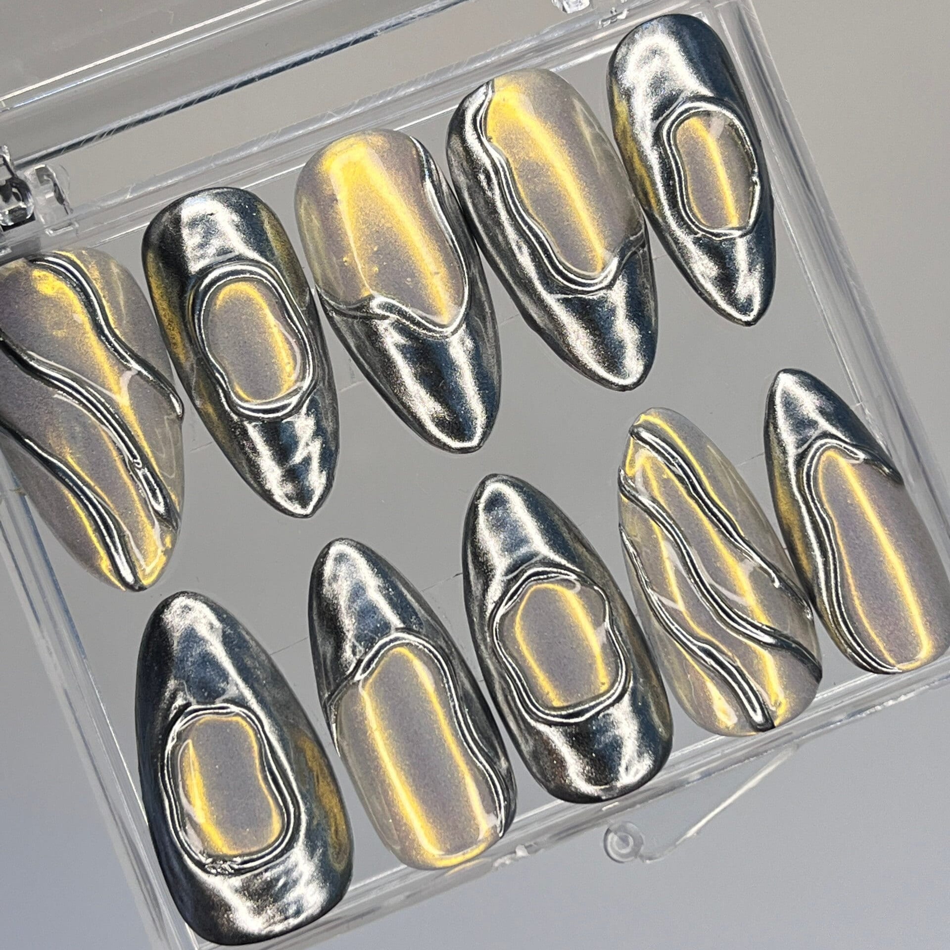 3D Chrome Metallic Blue Silver on Clear Medium Almond Press on Nail Goth , Custom Luxury Handpained Gothic Fake/False Nail