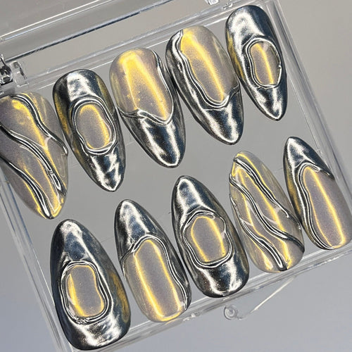 3D Chrome Metallic Blue Silver on Clear Medium Almond Press on Nail Goth , Custom Luxury Handpained Gothic Fake/False Nail
