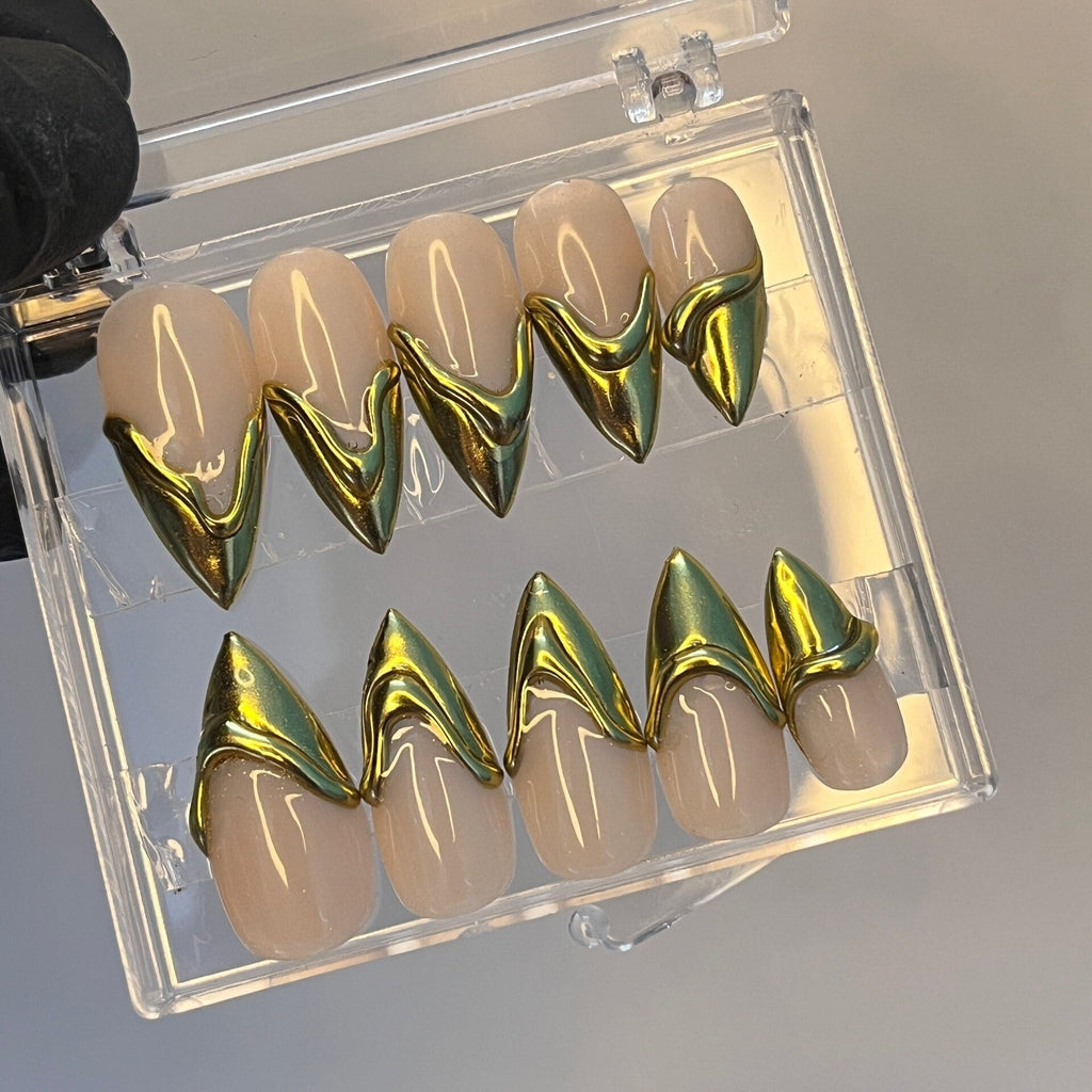 3D Gold Water Drops Long Coffin Press on Nail Goth, Custom Luxury Handpained Gothic Fake Nails, Emo Y2K for Holiday Event Party