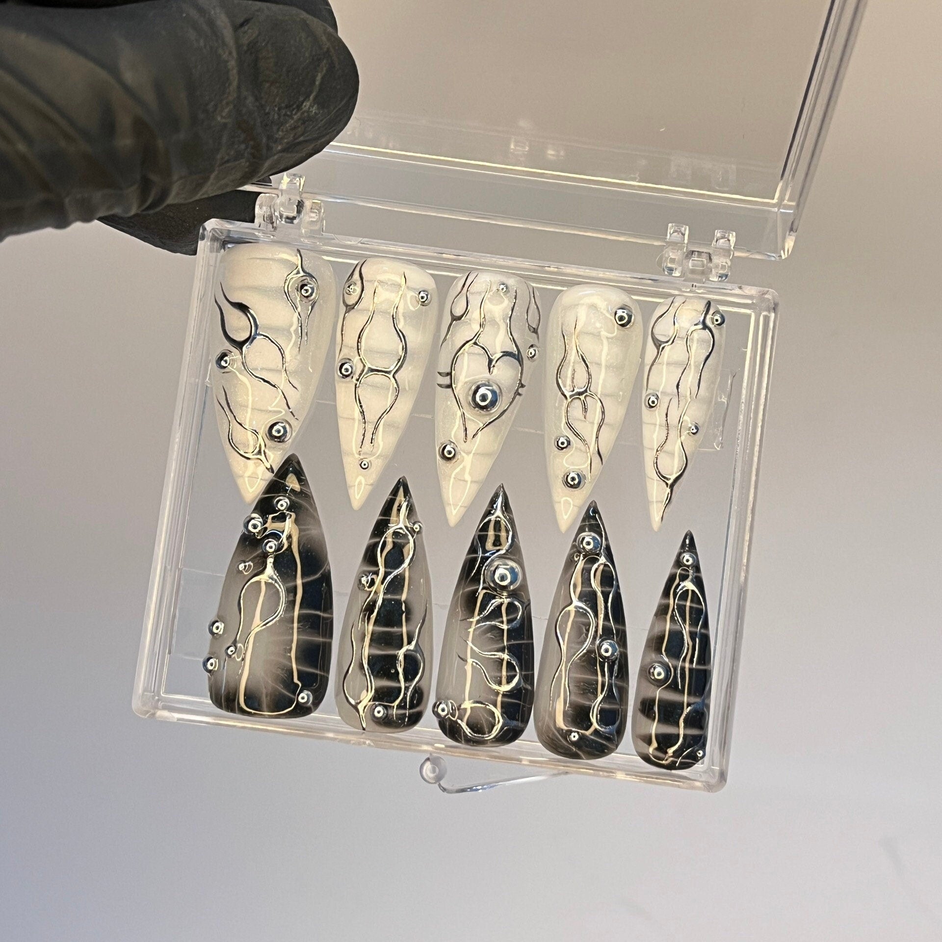 Black and White 3D Silver Metalic Art Long Stiletto Press On Goth Nails, Custom Handmade Gothic Fake Nails, Y2K Nails