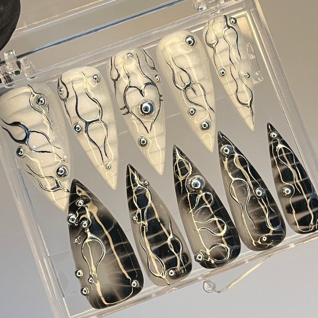 Black and White 3D Silver Metalic Art Long Stiletto Press On Goth Nails, Custom Handmade Gothic Fake Nails, Y2K Nails