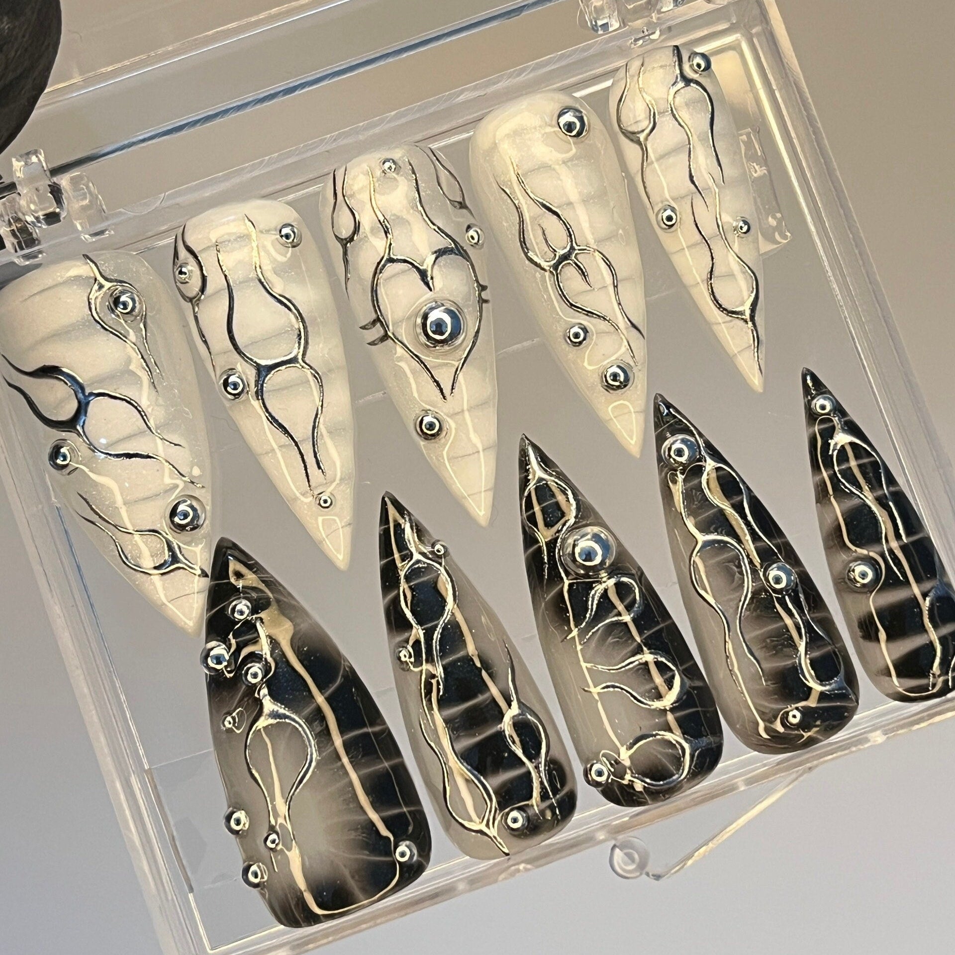 Black and White 3D Silver Metalic Art Long Stiletto Press On Goth Nails, Custom Handmade Gothic Fake Nails, Y2K Nails