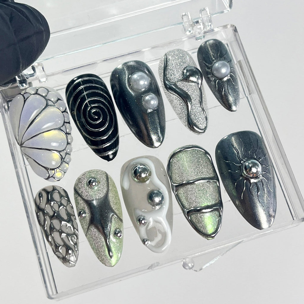 Hand-Painted Free-Style Silver Metallic Crystal Long Stiletto Press On Nails - Custom Chrome Fake Nails