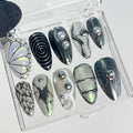 Hand-Painted Free-Style Silver Metallic Crystal Long Stiletto Press On Nails - Custom Chrome Fake Nails