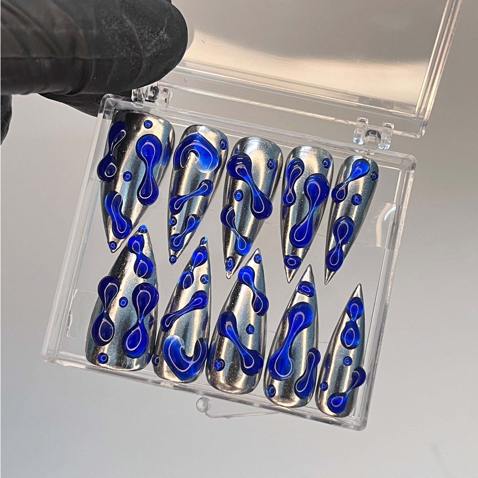 3D Blue Gel Drops in Metallic Silver Long Stiletto Press on Nail , Custom Luxury Handpainted Acrylic Gothic Fake Nails, Emo Y2K