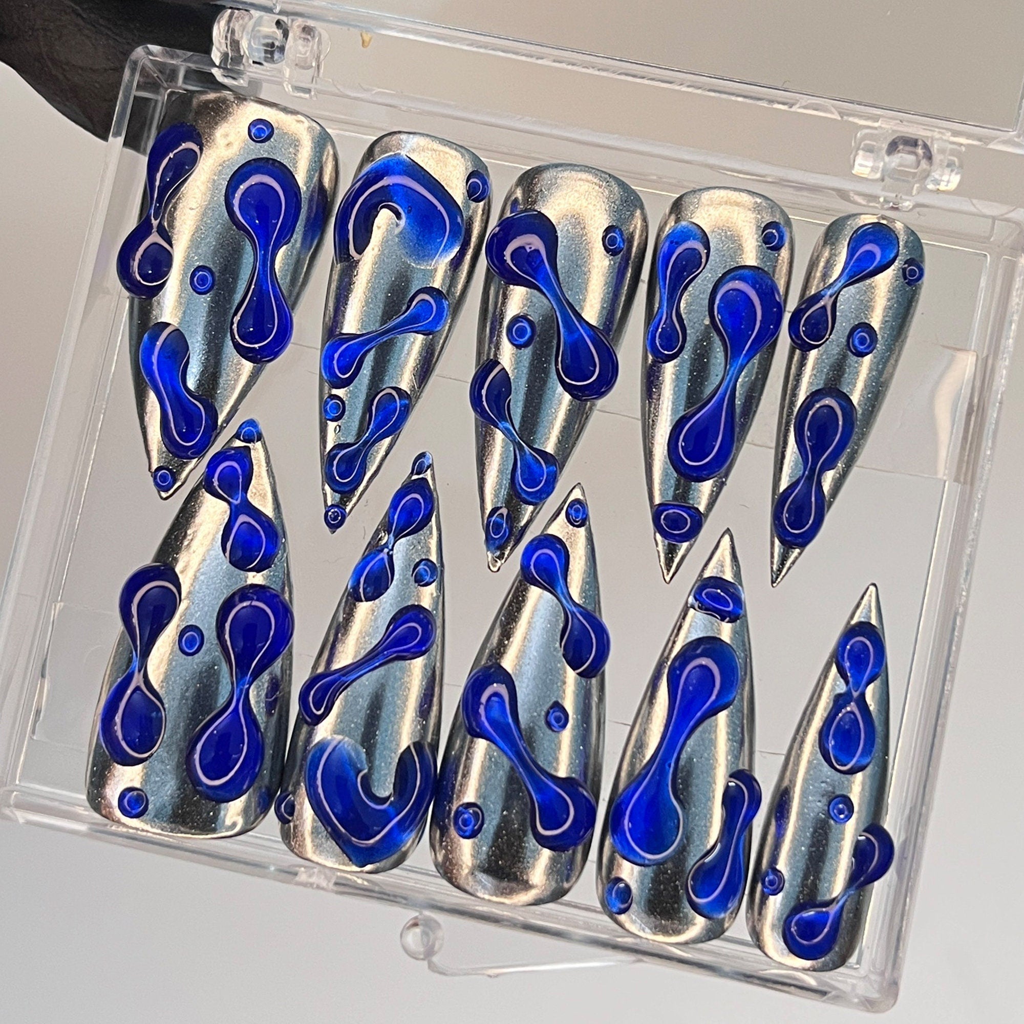 3D Blue Gel Drops in Metallic Silver Long Stiletto Press on Nail , Custom Luxury Handpainted Acrylic Gothic Fake Nails, Emo Y2K