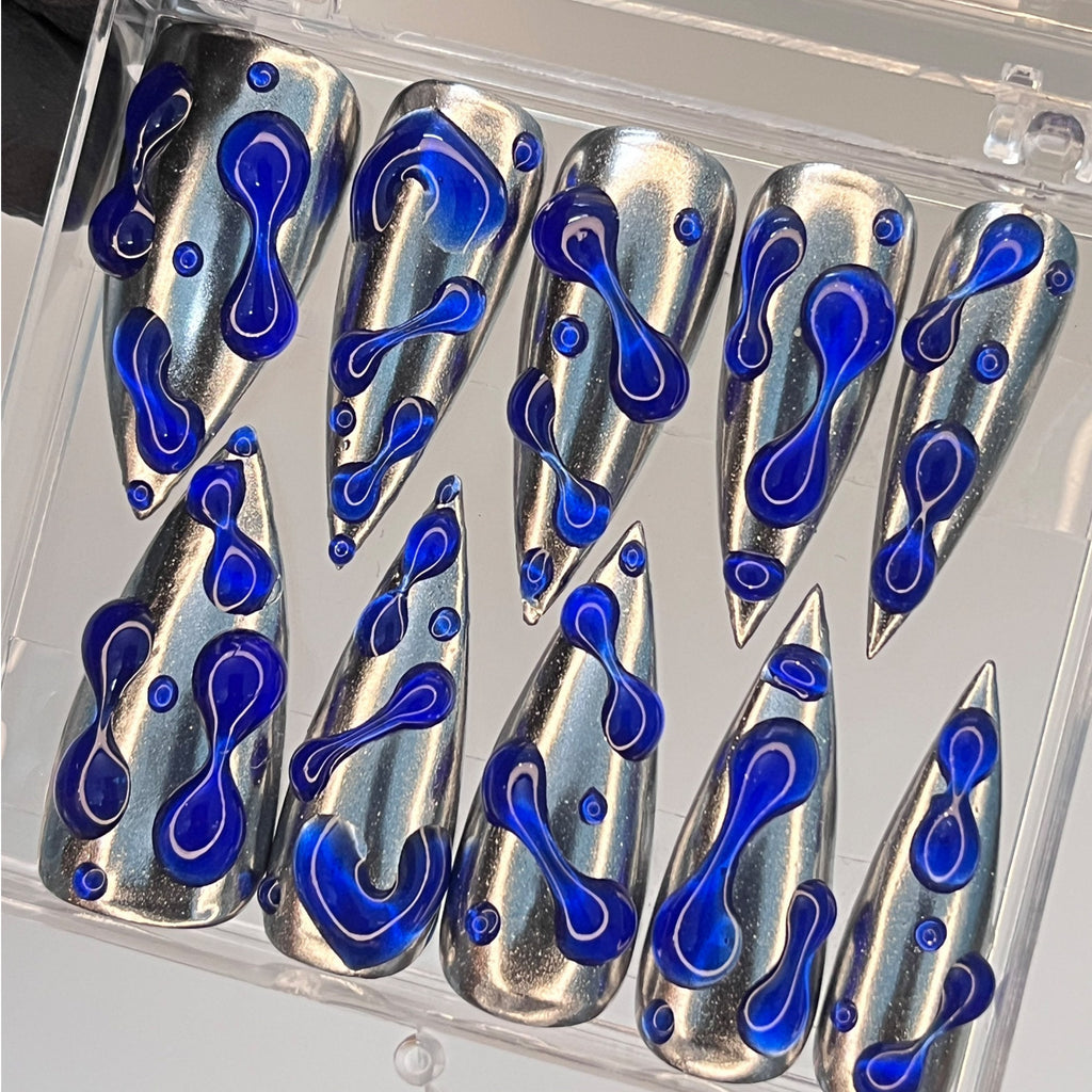 3D Blue Gel Drops in Metallic Silver Long Stiletto Press on Nail , Custom Luxury Handpainted Acrylic Gothic Fake Nails, Emo Y2K