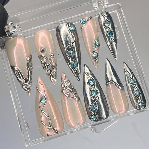 3D Chrome Metallic Silver on Clear Medium Stiletto Press on Nail Goth , Custom Luxury Handpained Gothic Fake/False Stiletto Nail