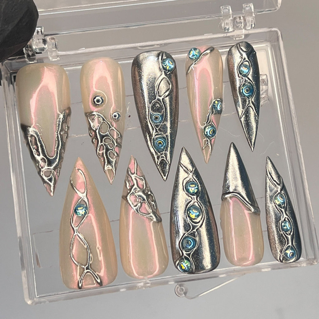 3D Chrome Metallic Silver on Clear Medium Stiletto Press on Nail Goth , Custom Luxury Handpained Gothic Fake/False Stiletto Nail