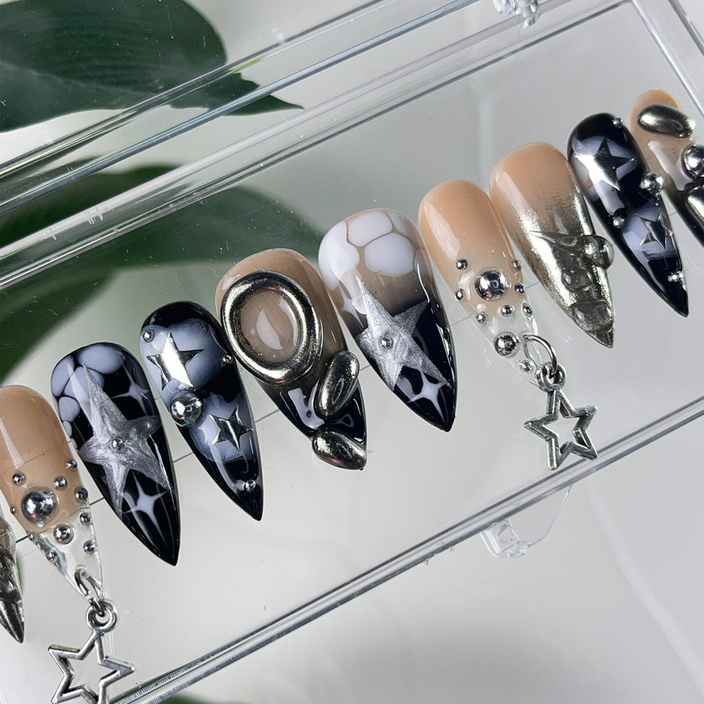 3D Metallic Silver on Black Long Stiletto Press On Nails Goth , Silver Stars Gothic Fake Nails, Emo Y2K Nails