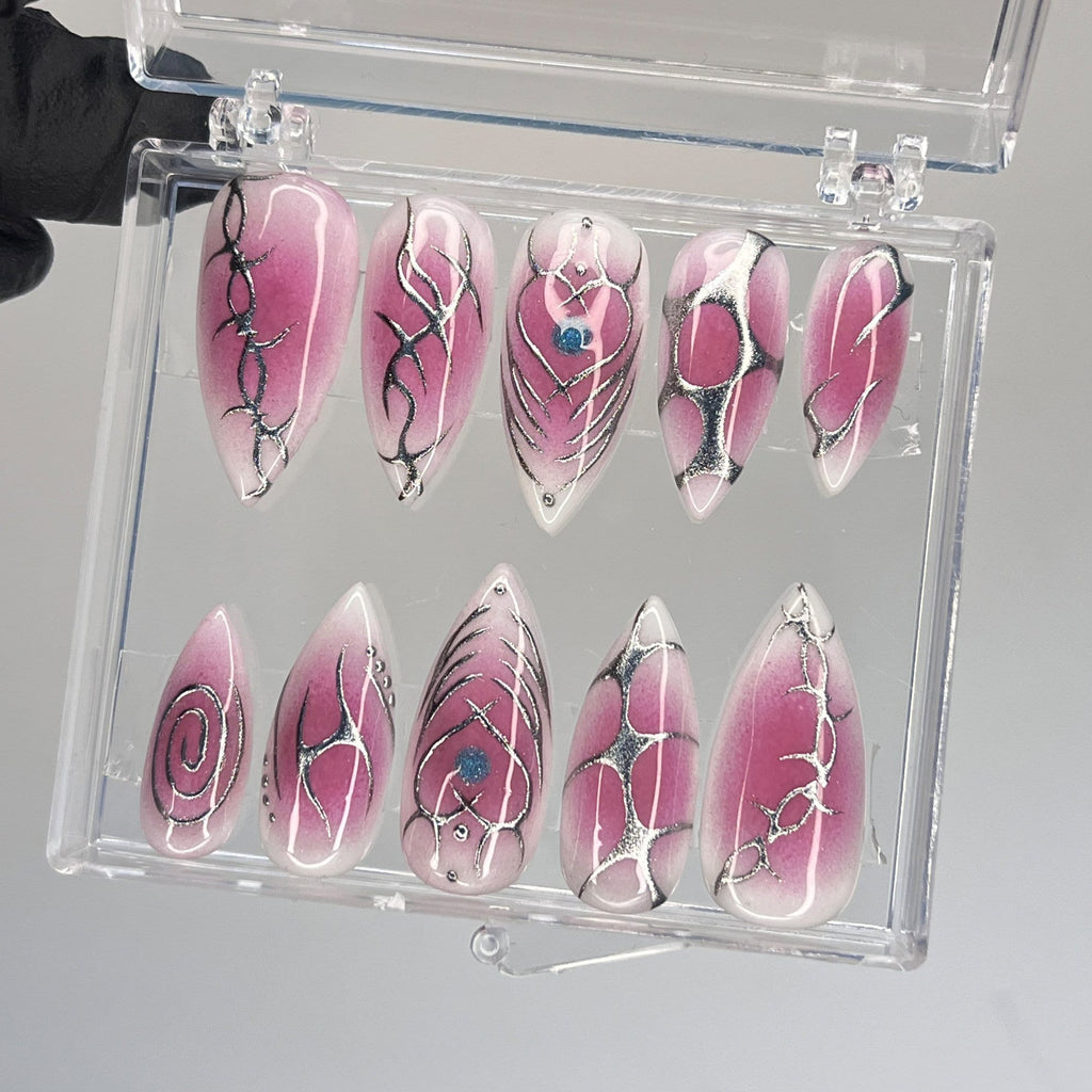 Elegant Aura Pink Medium Long Stiletto Press On Nails with Metallic Silver - Chrome Nails for Birthday Parties Holiday