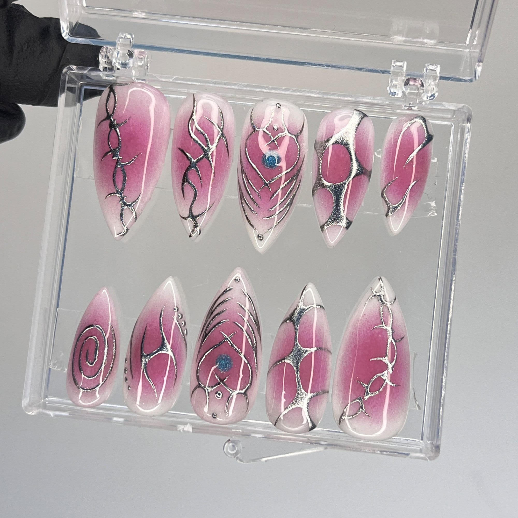 Elegant Aura Pink Medium Long Stiletto Press On Nails with Metallic Silver - Chrome Nails for Birthday Parties Holiday
