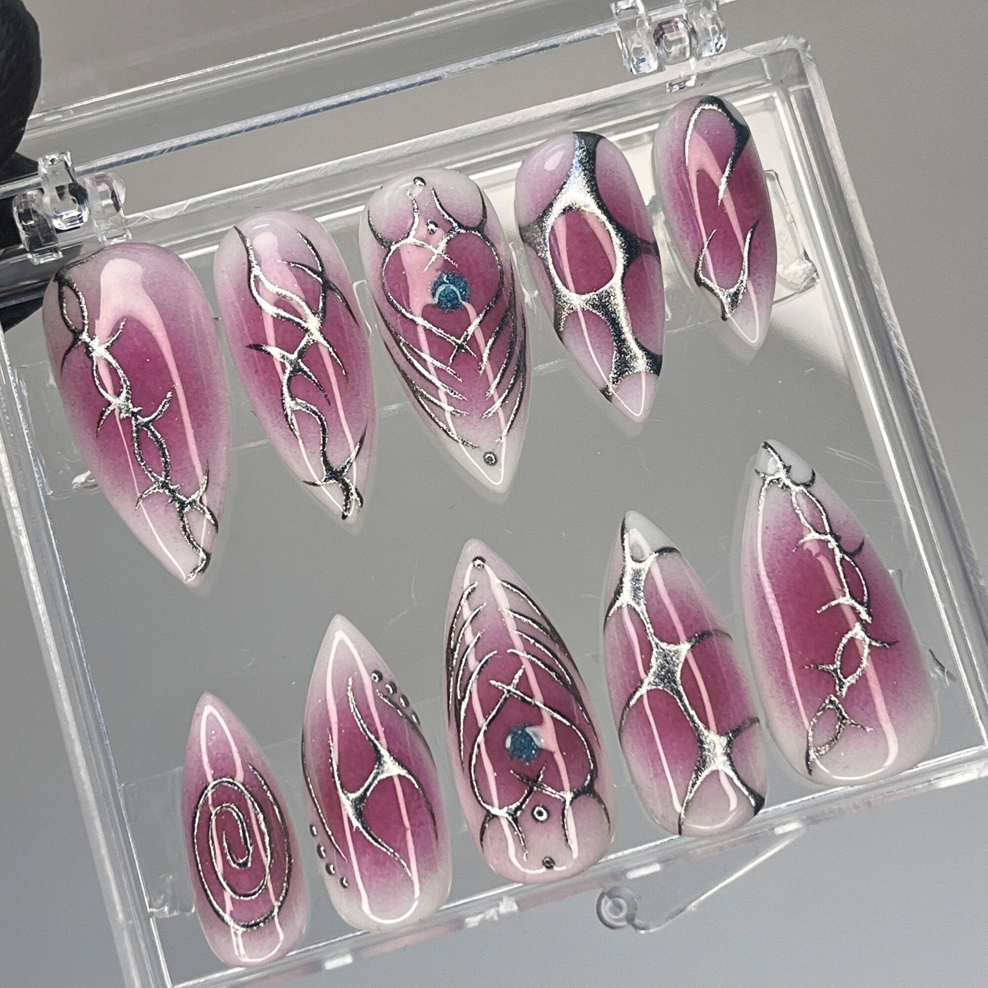 Elegant Aura Pink Medium Long Stiletto Press On Nails with Metallic Silver - Chrome Nails for Birthday Parties Holiday
