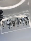 Free Style Black & White Blooming Extra Long Stiletto Press On Nails, Handpainted Gothic Fake Nails, Y2K Emo Chrome Nails