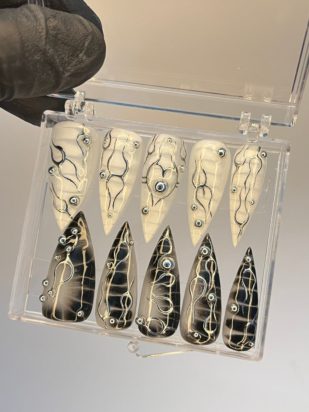 Black and White 3D Silver Metalic Art Long Stiletto Press On Goth Nails, Custom Handmade Gothic Fake Nails, Y2K Nails